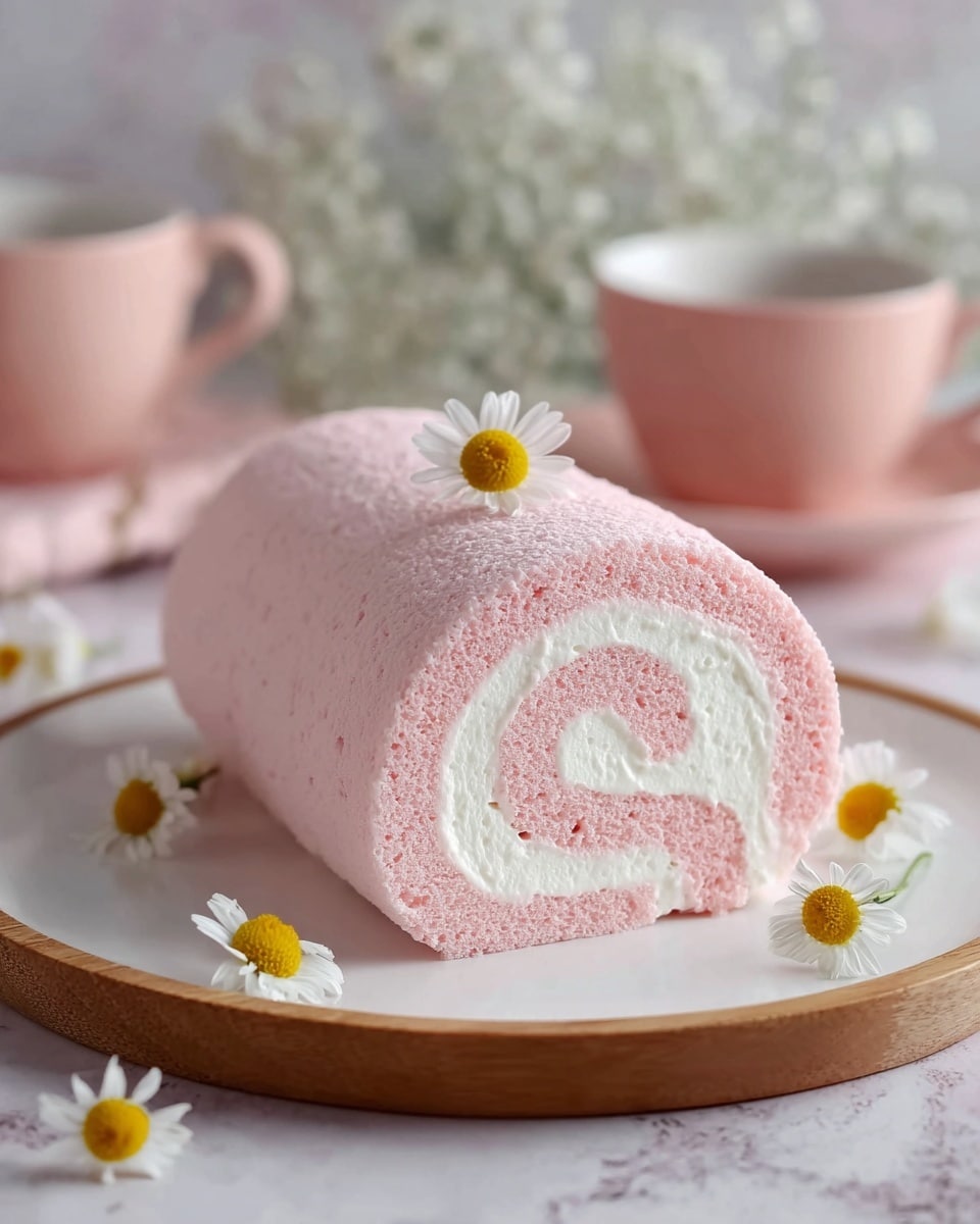 A soft pink rolled cake with a smooth, spongy texture sits on a white plate with a wooden rim. The cake has two visible layers: a light pink outer layer and a white cream inner swirl, both delicate and fluffy. Small white and yellow daisy flowers decorate the plate around the cake. The background features a matching pink cup and saucer, and some blurred white flowers, all on a white marbled surface. Photo taken with an iphone --ar 4:5 --v 7