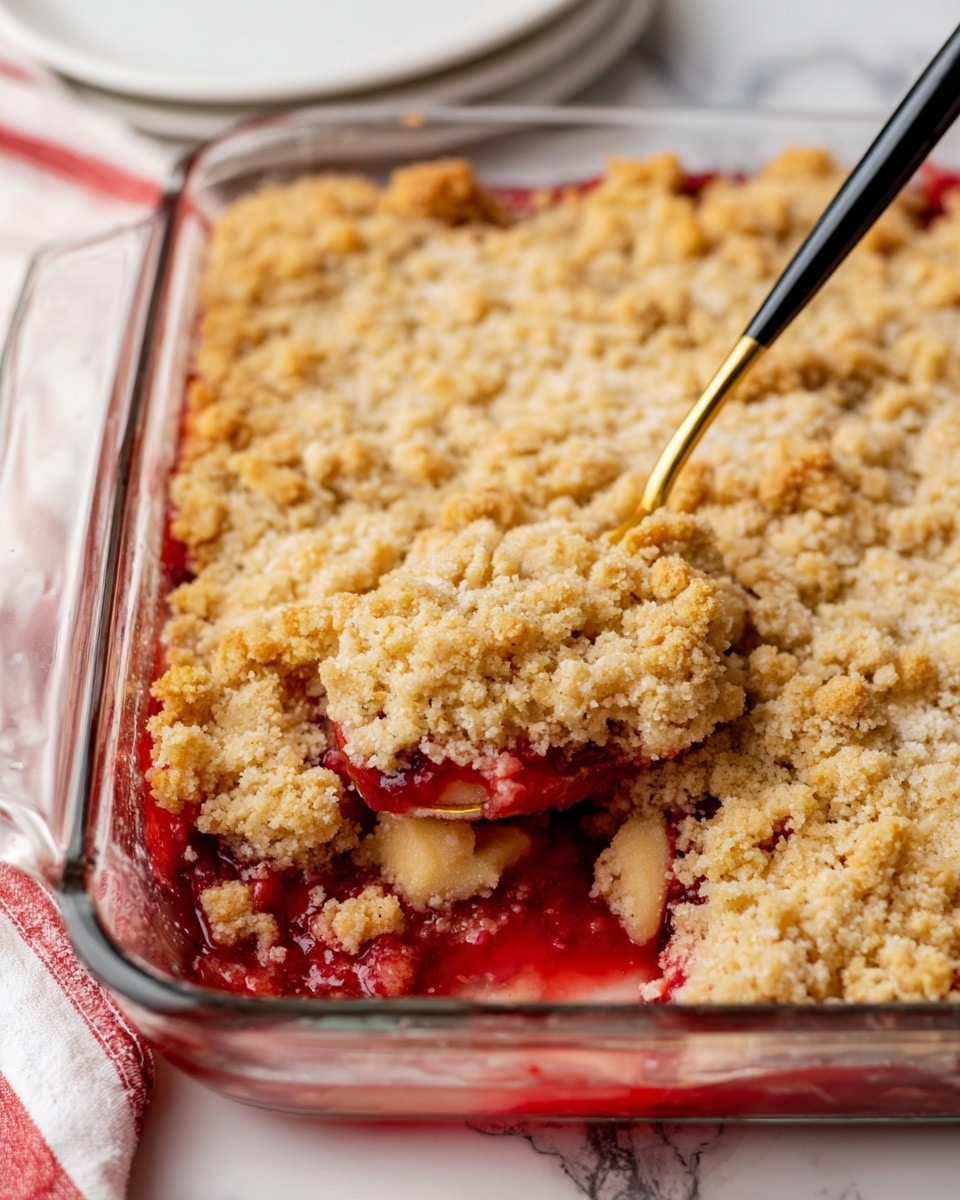 A close-up image of a glass baking dish filled with a fruit crumble. The dish has three visible layers: a bright red, juicy fruit layer at the bottom, partially visible around the edges; a thick, soft-looking pale layer in the middle where the crumble is being scooped out; and a crumbly, golden-beige topping layer with various crumb sizes, covering the whole surface. A gold spoon with a black handle scoops up a portion from the middle, showing the texture contrast between the soft fruit and crumbly topping. The dish is set on a white marbled surface with a white plate and part of a red and white cloth in the background. Photo taken with an iphone --ar 4:5 --v 7