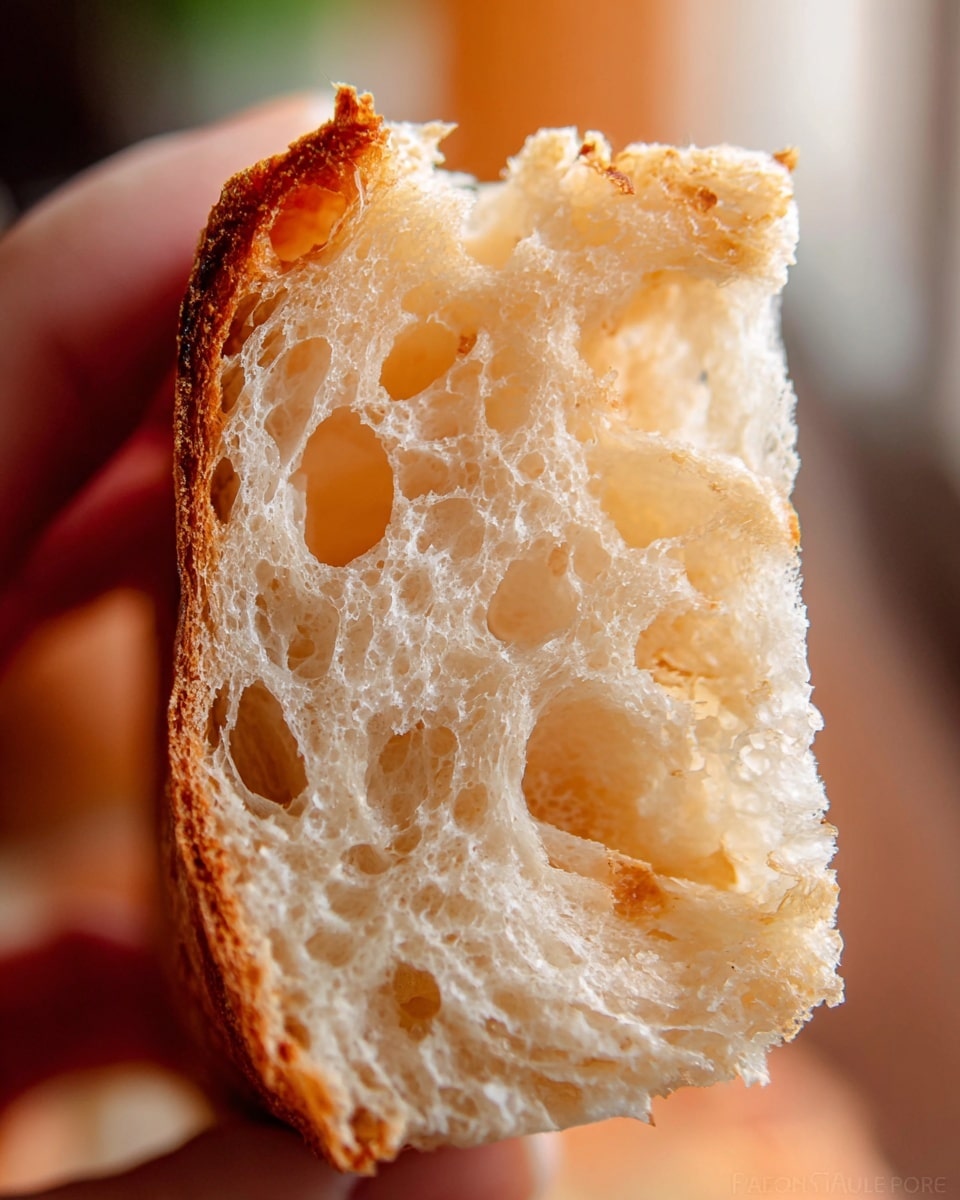A close-up view of a torn piece of bread held by a woman's hand, showcasing its light golden crust with a slightly crispy texture, and the soft, airy interior filled with uneven air pockets of various sizes. The inside is pale cream with chewy, spongy details and a few small scattered crumbs. The background is softly blurred with warm tones, placing full focus on the bread's detailed surface. Photo taken with an iphone --ar 4:5 --v 7