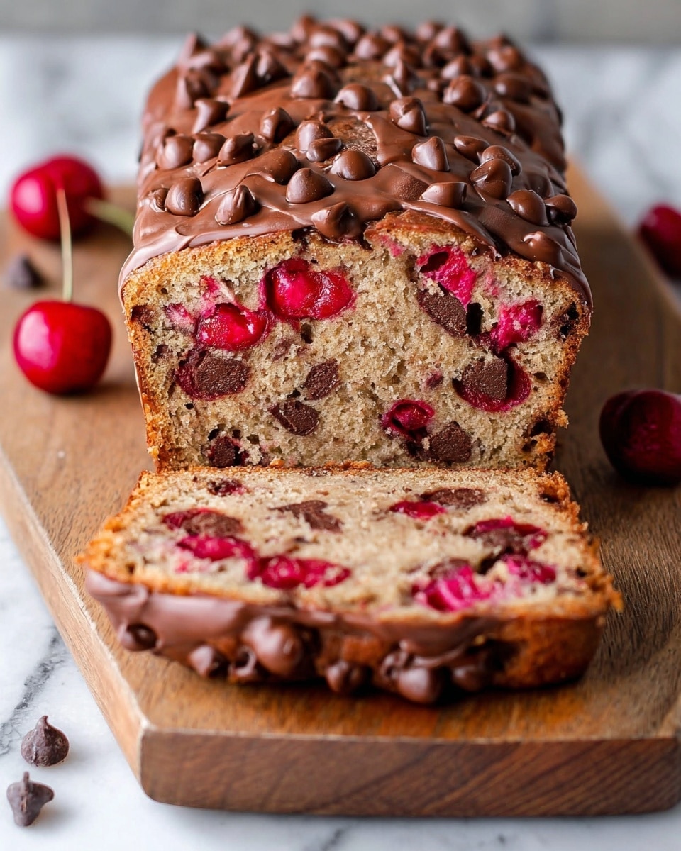A loaf of cherry chocolate chip bread is cut into two thick slices and placed on a wooden board against a white marbled background. The bread has a light brown texture filled with bright red cherries and dark chocolate chips spread evenly inside the center. The top and edges of the bread are covered with a smooth layer of melted milk chocolate with more chocolate chips sprinkled on top. The cherries inside the bread add bright spots of color contrasting with the soft brown cake and dark chocolate. Photo taken with an iphone --ar 4:5 --v 7