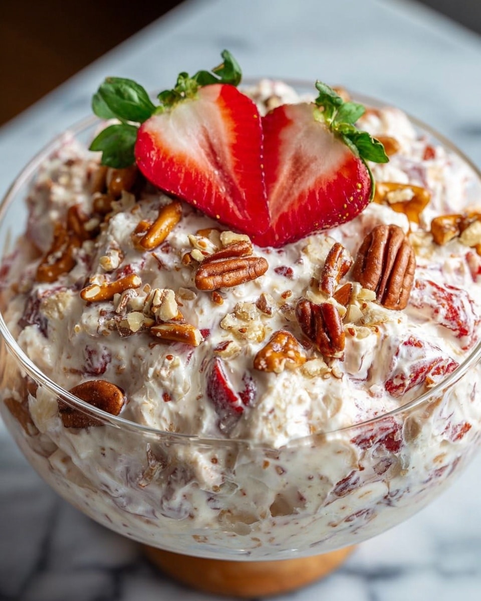 A clear glass bowl filled with a creamy white mixture containing visible chunks of red strawberries, small pieces of pretzels, and pecan nuts scattered on the top and throughout. Two sliced strawberries with green leaves rest on the top center as garnish. The texture of the creamy mix is thick and slightly lumpy, with bits of crunchy ingredients showing through. The bowl is placed on a surface with a white marbled texture. Photo taken with an iphone --ar 4:5 --v 7