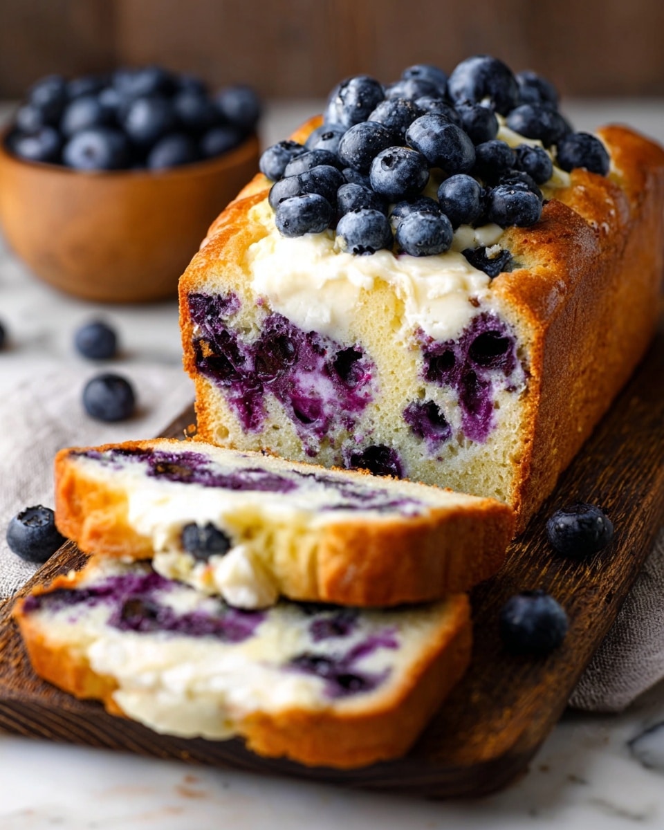 A loaf of blueberry cream cheese bread sits on a wooden cutting board with two thick slices cut in front. The bread's crust is golden brown and slightly textured, while the inside is light yellow with vibrant purple-blue blueberries scattered throughout. Each slice shows a creamy white layer of melted cream cheese mixed with whole blueberries inside, giving a soft, smooth contrast to the baked bread. On top of the loaf, fresh blueberries crown the cream cheese layer, adding a juicy, glossy deep blue touch. A small wooden bowl filled with more blueberries sits blurred in the background. The whole scene is set on a white marbled texture surface. photo taken with an iphone --ar 4:5 --v 7