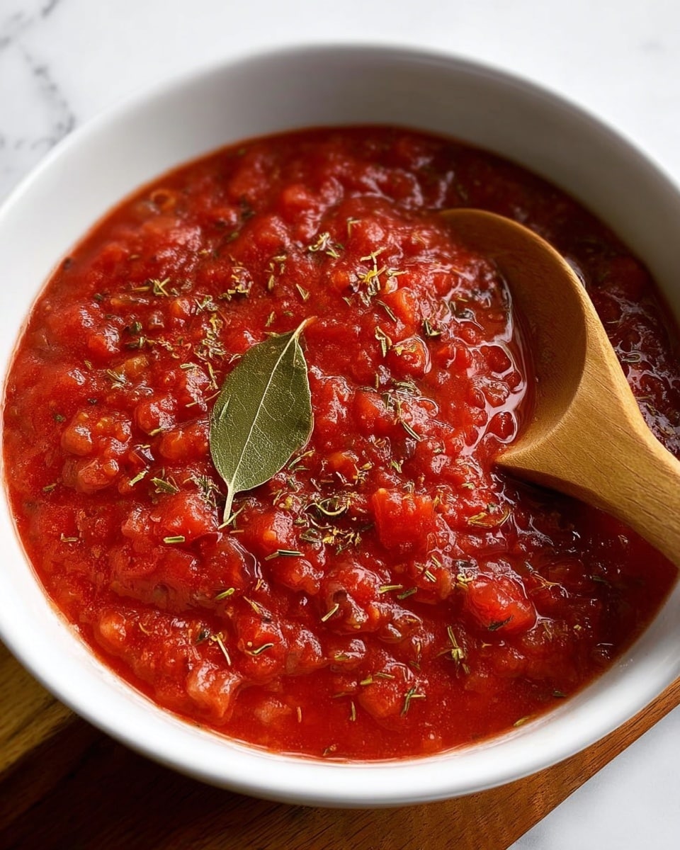 A white bowl filled with chunky, bright red tomato sauce with visible bits of tomatoes and herbs mixed throughout. The sauce has a slightly glossy texture and is topped with a single green bay leaf and small scattered dried herbs. A wooden spoon rests inside the bowl on the right side, partially dipped into the sauce. The bowl is placed on a white marbled surface with a wooden board partially visible underneath. photo taken with an iphone --ar 4:5 --v 7