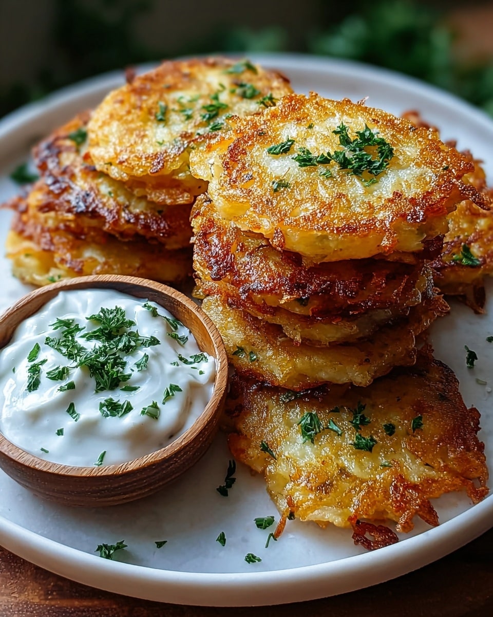 A white round plate shows a stack of six golden-brown potato pancakes with crispy edges and a soft, textured center, sprinkled with small green parsley leaves. To the left side of the plate, there is a small wooden bowl filled with thick white sour cream, topped with more chopped green herbs. The plate sits on a white marbled surface with soft natural light highlighting the curves and golden hues of the pancakes. The overall look is warm and inviting, with sharp details on the crispy texture and fresh greens. photo taken with an iphone --ar 4:5 --v 7
