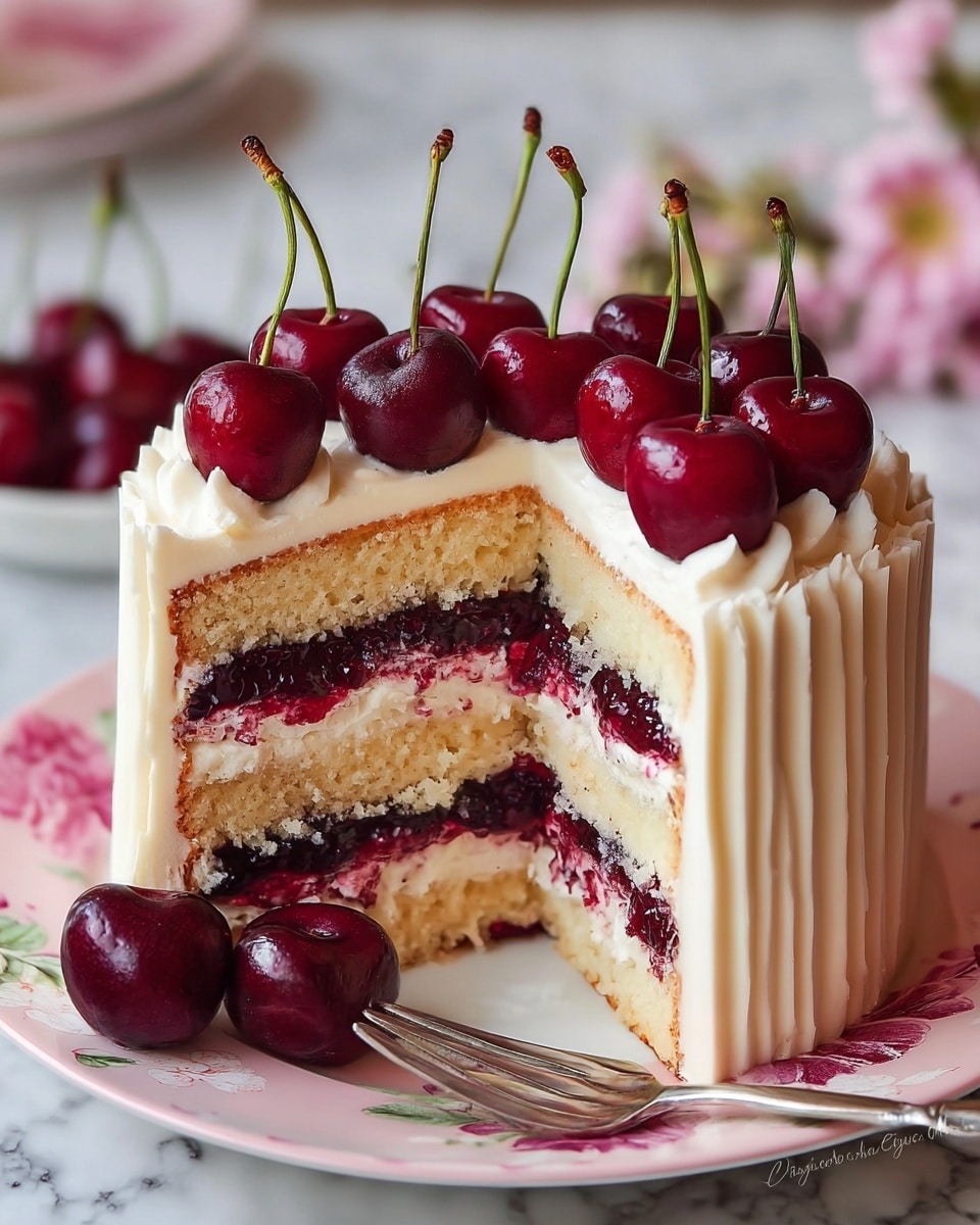 This image shows a three-layer vanilla cake with white cream frosting evenly spread on the outside in soft, smooth swirls. Between each cake layer, there is a thick layer of white cream mixed with whole dark red cherries and cherry filling, creating a rich, fruity center. The top of the cake is decorated with many shiny, fresh whole dark red cherries with stems, piled closely together. The cake sits on a transparent plate, and the background is a white marbled texture. photo taken with an iphone --ar 4:5 --v 7
