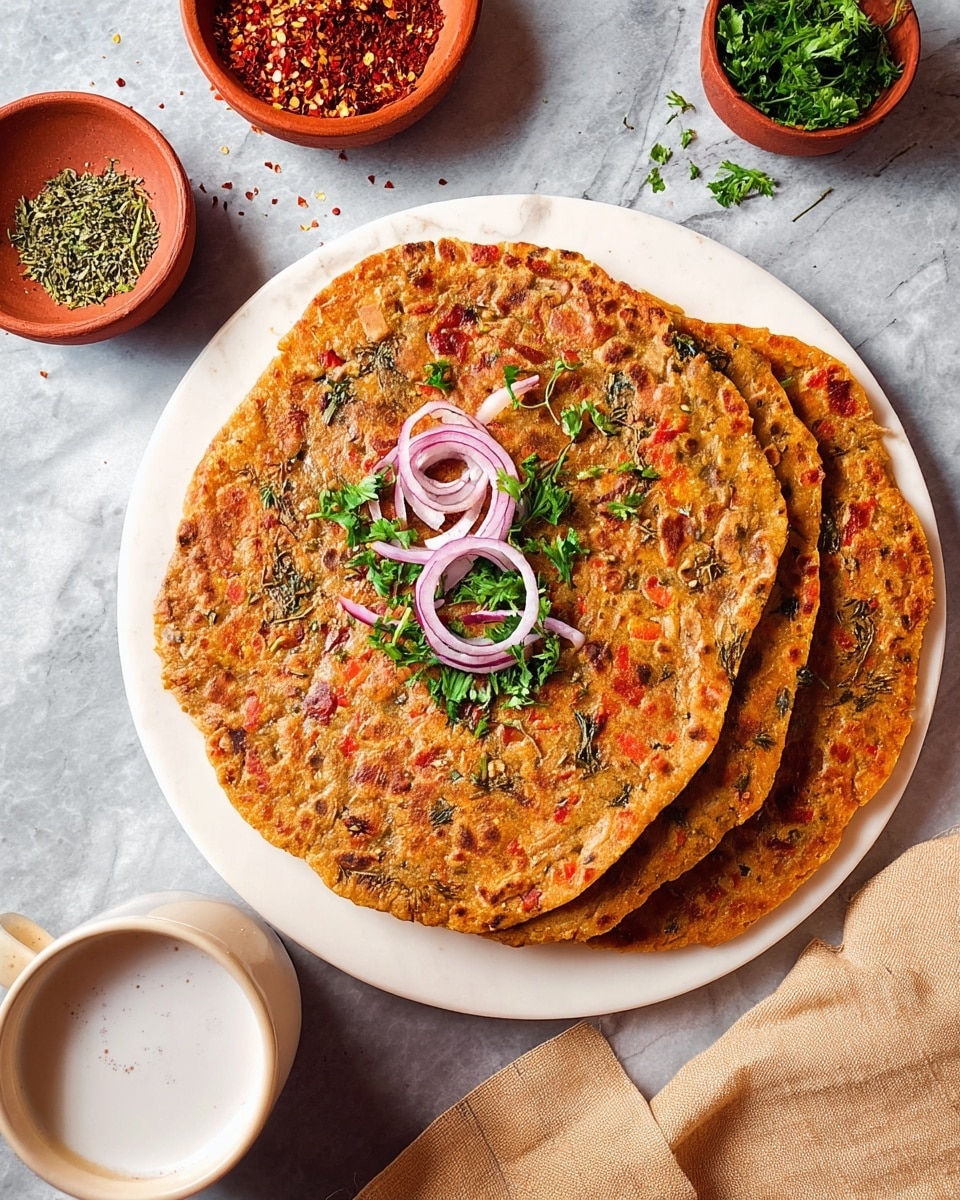 The image shows a white plate with three thin, round flatbreads stacked slightly overlapping each other. The flatbreads are brownish-orange with visible small red and green vegetable bits and herbs embedded in the surface. The top flatbread is garnished with thin, curled rings of red onion and fresh green parsley leaves scattered in the center. Around the plate are small terracotta bowls filled with red chili flakes and green dried herbs, and a white marbled surface is beneath everything. A white cup filled with a frothy white drink is near the plate, along with a beige cloth partially visible at the bottom right corner. photo taken with an iphone --ar 4:5 --v 7