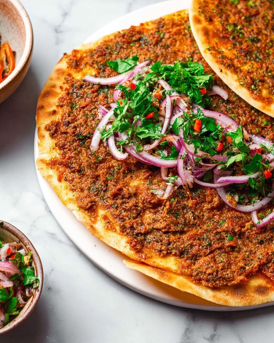 The image shows two round Turkish-style flatbreads with a reddish-brown topping made of finely ground meat mixed with herbs and small pieces of red pepper, spread evenly on a thin, soft dough base. On top of the front flatbread, there is a layer of thinly sliced purple onions mixed with fresh green parsley leaves, adding a fresh and colorful contrast. They are served on a white plate set on a white marbled surface, with a small bowl of similar onion and herb salad in the bottom left corner. The scene is bright and clear, highlighting the textures and colors of the food. photo taken with an iphone --ar 4:5 --v 7