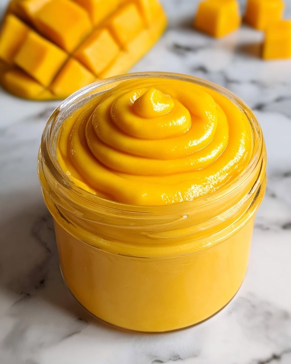 A clear glass jar filled with smooth, bright yellow mango puree swirled in a spiral shape on top, giving it a thick and creamy texture; the jar is placed on a white marbled surface with diced mango pieces visible in the background, showing their vibrant yellow color and cube-like cuts. photo taken with an iphone --ar 4:5 --v 7