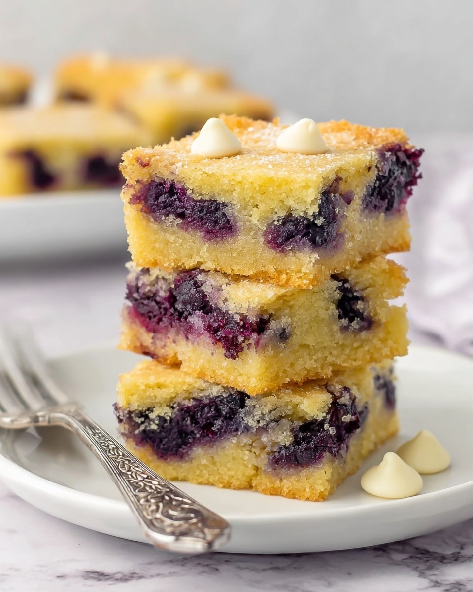 A stack of three square yellow cake bars with a slightly crumbly top layer and visible dark purple pockets of blueberries inside each bar, sitting on a white plate with two white chocolate chips beside them and a silver fork with detailed floral engravings next to the stack; the background features a blurred white marbled texture and a white plate with more bars. photo taken with an iphone --ar 4:5 --v 7