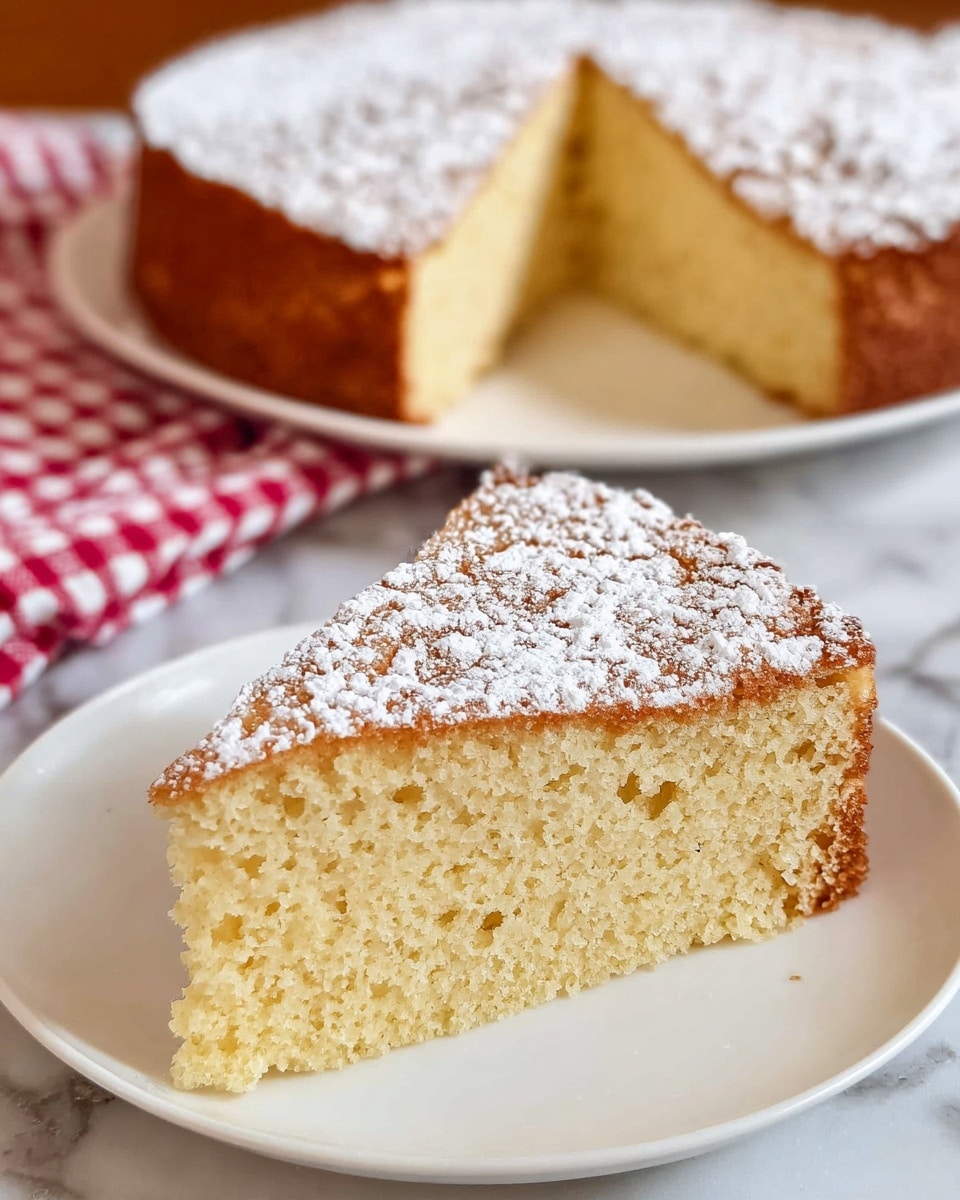 A slice of light golden sponge cake sits on a white plate, showing a spongy and airy texture inside with small holes. The cake has one thick layer, and the top is dusted evenly with white powdered sugar. Behind the slice, the rest of the cake with the same single layer and powdered sugar topping is on a white plate. The surface underneath is a white marbled texture with part of a red and white checkered cloth visible. photo taken with an iphone --ar 4:5 --v 7