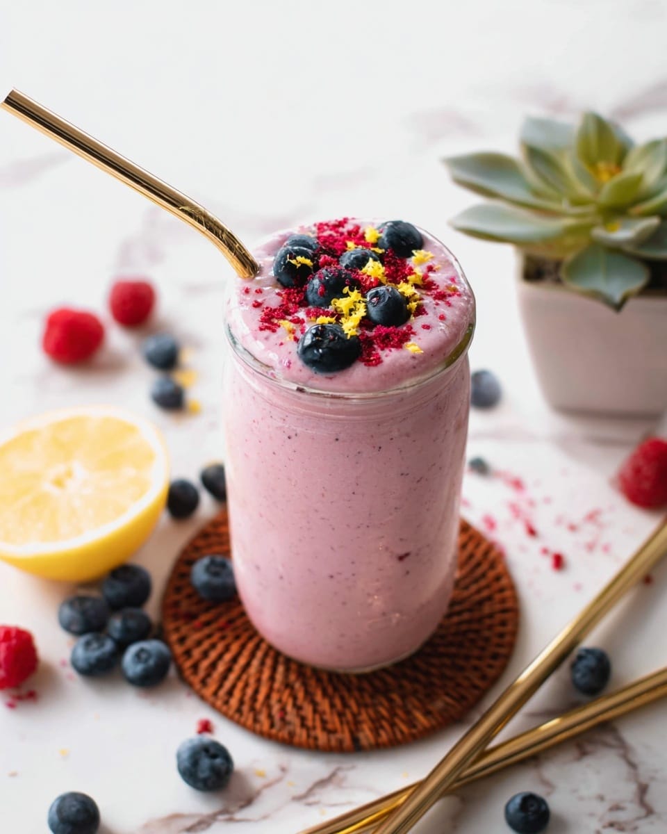 A tall clear glass jar filled with a thick pink smoothie, topped with whole blueberries and red crushed berries, with small yellow zest bits scattered on top. A shiny gold metal straw is inserted in the smoothie from the left side at the top. The jar sits on a round brown woven coaster placed on a white marbled surface. Around the jar are scattered fresh blueberries, raspberries, lemon slices, and two gold metal straws lying flat on the surface. A small green succulent plant in a white pot is visible on the right side of the frame. photo taken with an iphone --ar 4:5 --v 7