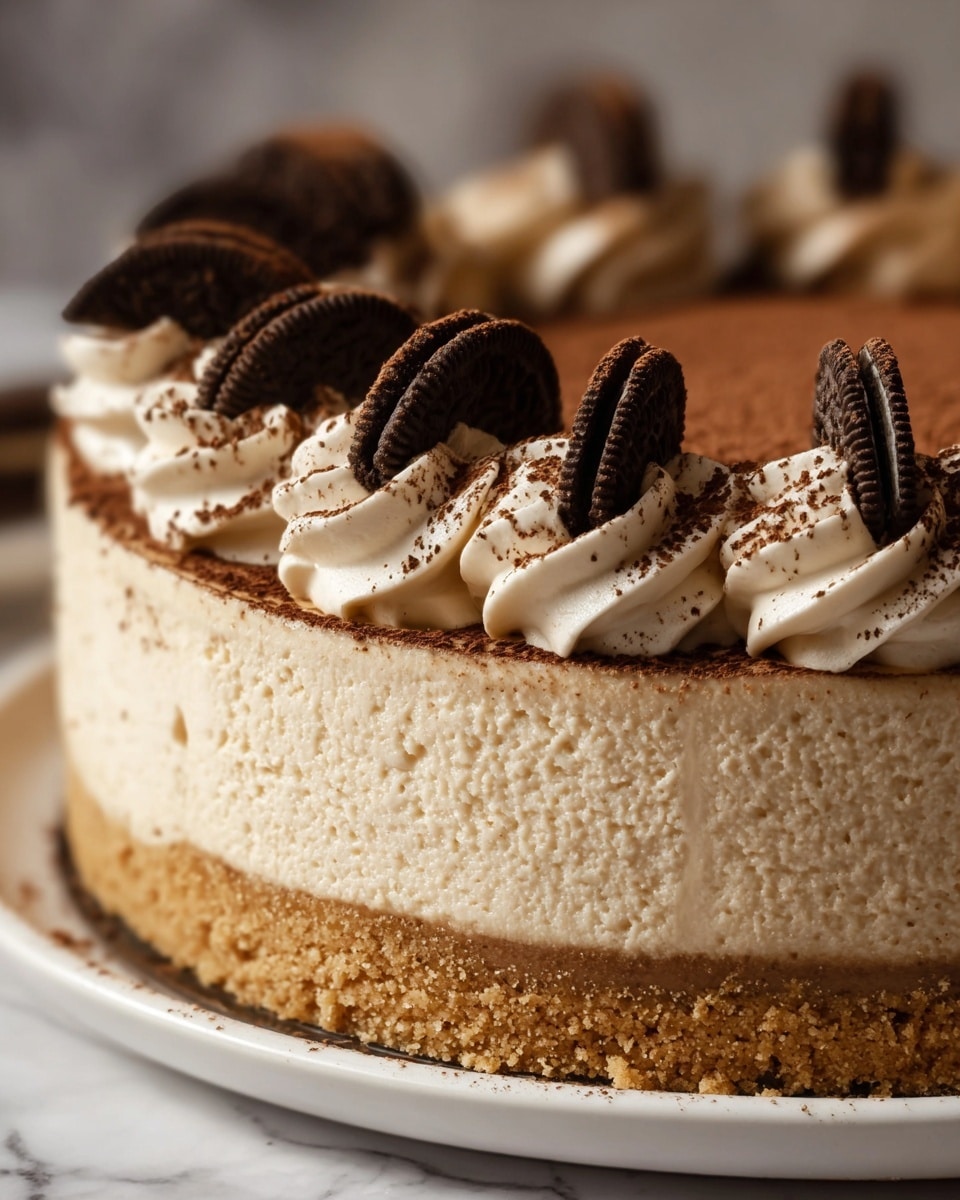 The image shows a close-up of a three-layered round cheesecake on a white plate, placed on a white marbled surface. The bottom layer is a crumbly, golden-brown crust, the middle layer is thick and creamy beige cheesecake with a slightly textured surface, and the top layer is a smooth, light brown cocoa dusted finish. Around the edge of the cheesecake are evenly spaced swirls of whipped cream, each topped with a half piece of dark chocolate wafer cookie, and some cocoa powder sprinkled lightly over the whipped cream. The lighting is warm, highlighting the soft texture of the cheesecake and rich color of the chocolate decorations. photo taken with an iphone --ar 4:5 --v 7
