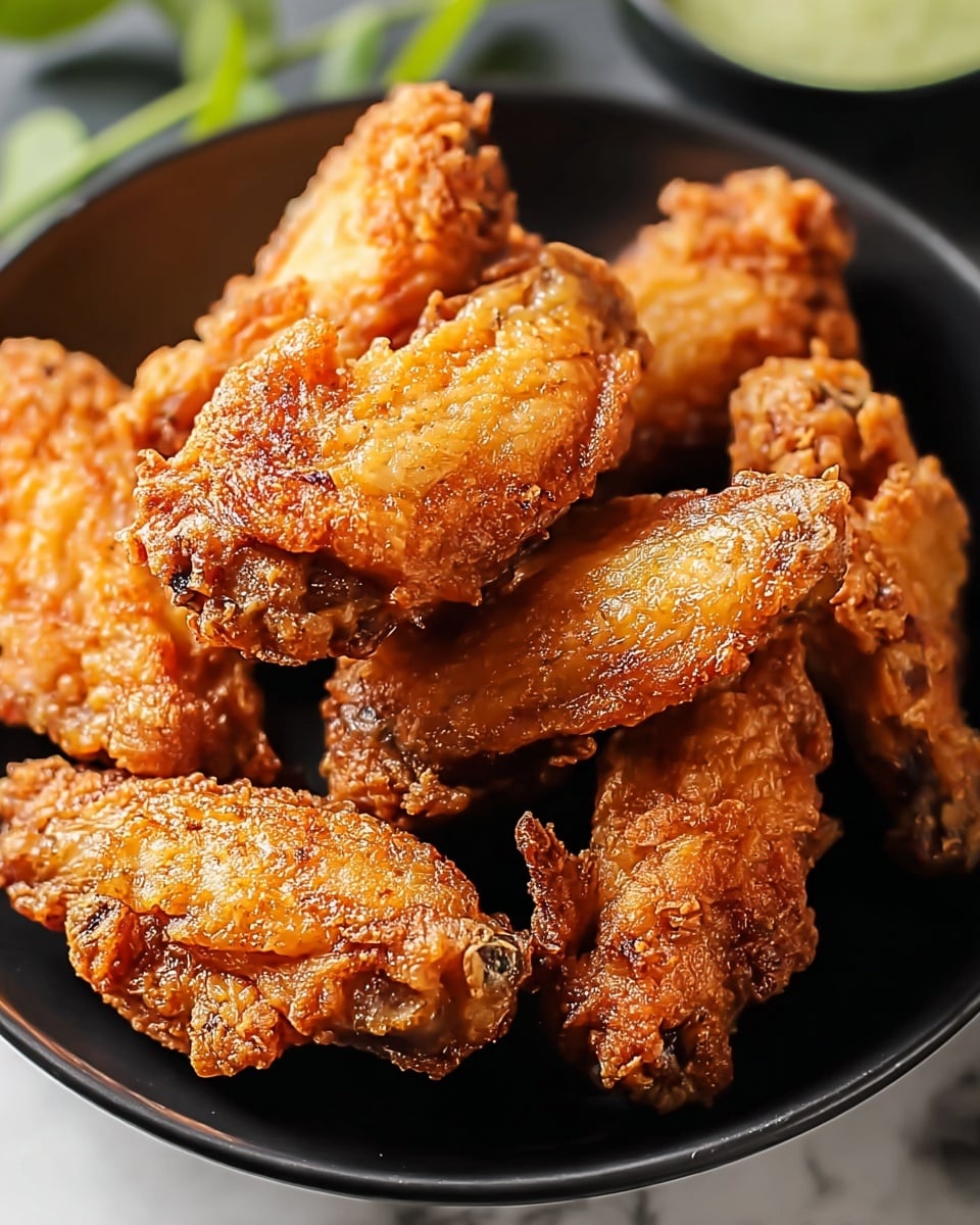 A close-up of a black bowl filled with seven pieces of golden brown fried chicken wings, each piece showing a rough crispy texture with bubbly and crunchy skin. The wings are stacked unevenly, with some pieces resting on top of others, displaying a mix of drumette and flat wing sections. The bowl sits on a white marbled surface, with a hint of a green sauce bowl and some green leaves blurred in the background. photo taken with an iphone --ar 4:5 --v 7