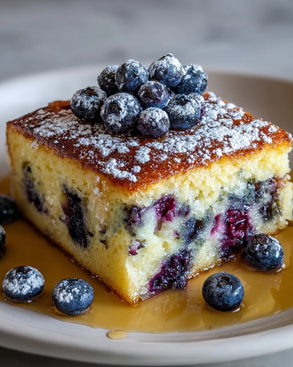 A single square slice of blueberry cake sits on a white plate with syrup pooled around its base. The cake has two visible layers: a light yellow, moist sponge filled with baked-in blueberries showing dark purple and blue patches inside, and a golden-brown top layer dusted with powdered sugar. On top of the cake, there is a small pile of fresh, plump blueberries, some with a light powdered sugar coating. The surface the plate is on is a white marbled texture. photo taken with an iphone --ar 4:5 --v 7