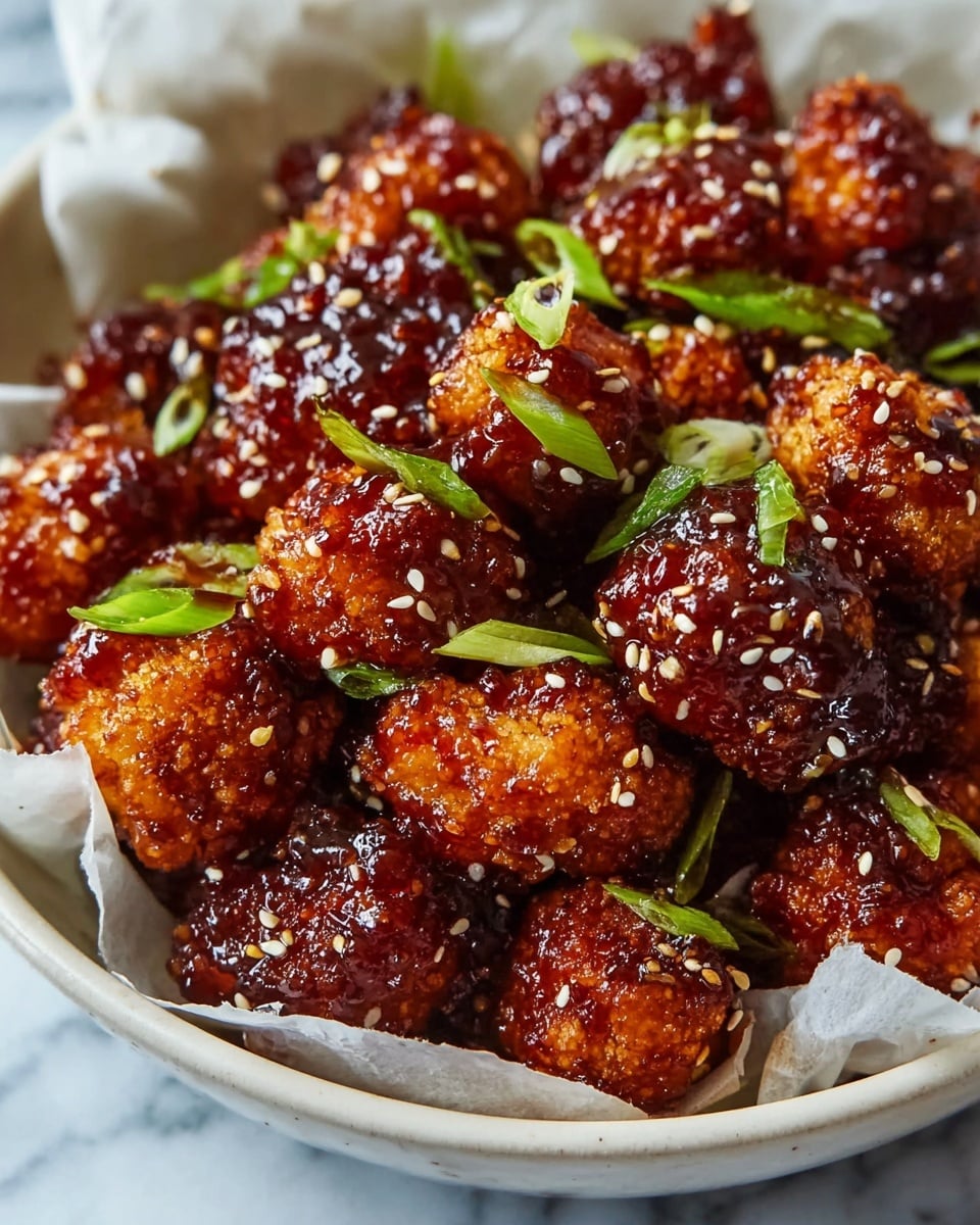 The image shows a bowl filled with crispy cauliflower pieces covered in a shiny, dark red-brown sticky sauce, giving the cauliflower a textured and glossy look. Each cauliflower piece is small and round, coated thickly with the sauce, sprinkled with white sesame seeds that add a contrasting dot pattern. Bright green sliced scallions are scattered on top for color contrast. The bowl is white and lined with light parchment paper, placed on a soft-focused white marbled surface. photo taken with an iphone --ar 4:5 --v 7