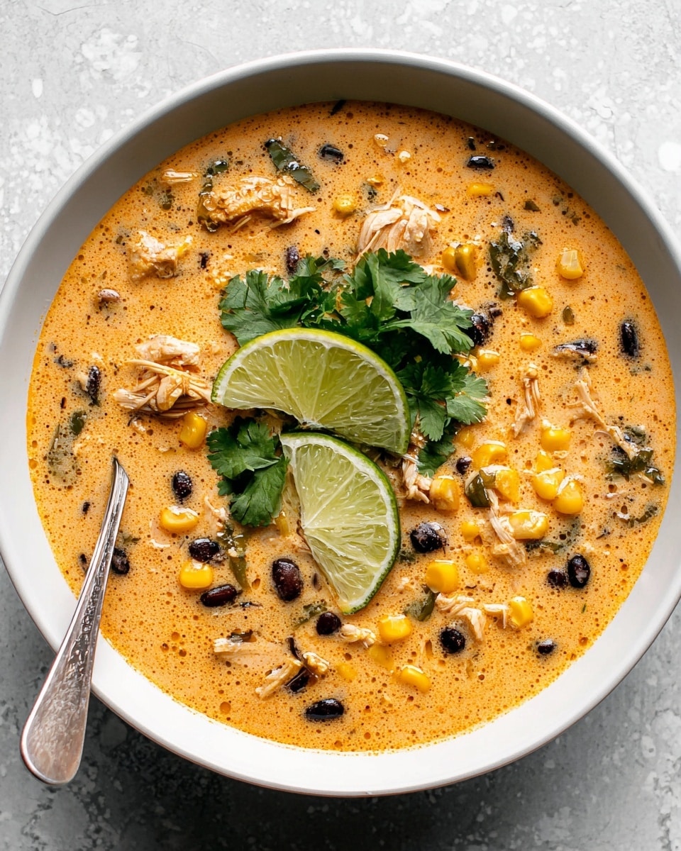 A creamy orange soup served in a white bowl rests on a white marbled textured surface. The soup has a rich base filled with visible pieces of shredded chicken, yellow corn kernels, dark black beans, and small green vegetable chunks evenly spread throughout. On top, there are two fresh lime wedges and a bunch of green cilantro leaves placed in the center, adding a fresh look and color contrast. A slightly worn silver spoon leans inside the bowl from the left side. The soup shows a smooth, slightly speckled texture with small oil droplets floating on the surface. Photo taken with an iphone --ar 4:5 --v 7