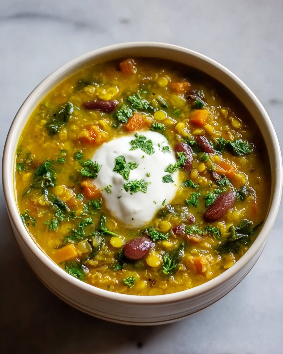 A white bowl filled with a thick yellow soup that has small yellow lentils, pieces of brown beans, green leafy herbs, and bits of orange carrots mixed throughout. On top in the center, there is a dollop of smooth white cream. The bowl sits on a white marbled surface, and the soup looks warm and hearty. photo taken with an iphone --ar 4:5 --v 7