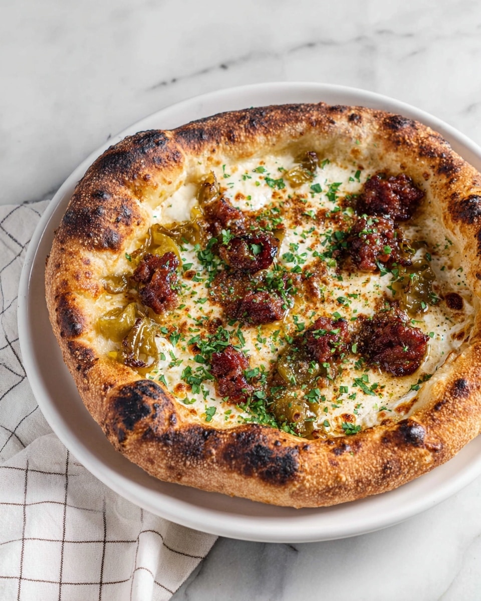 A pizza with a thick, golden-brown crust that is slightly charred and puffy around the edges. The top layer has melted white cheese that looks creamy and bubbly. On the cheese are pieces of cooked sausage with a deep reddish-brown color, along with greenish cooked peppers scattered around. Fresh green chopped herbs are sprinkled over the whole pizza. It sits on a white plate placed on a white marbled surface, with a cloth napkin with a simple check pattern partly visible at the side. photo taken with an iphone --ar 4:5 --v 7