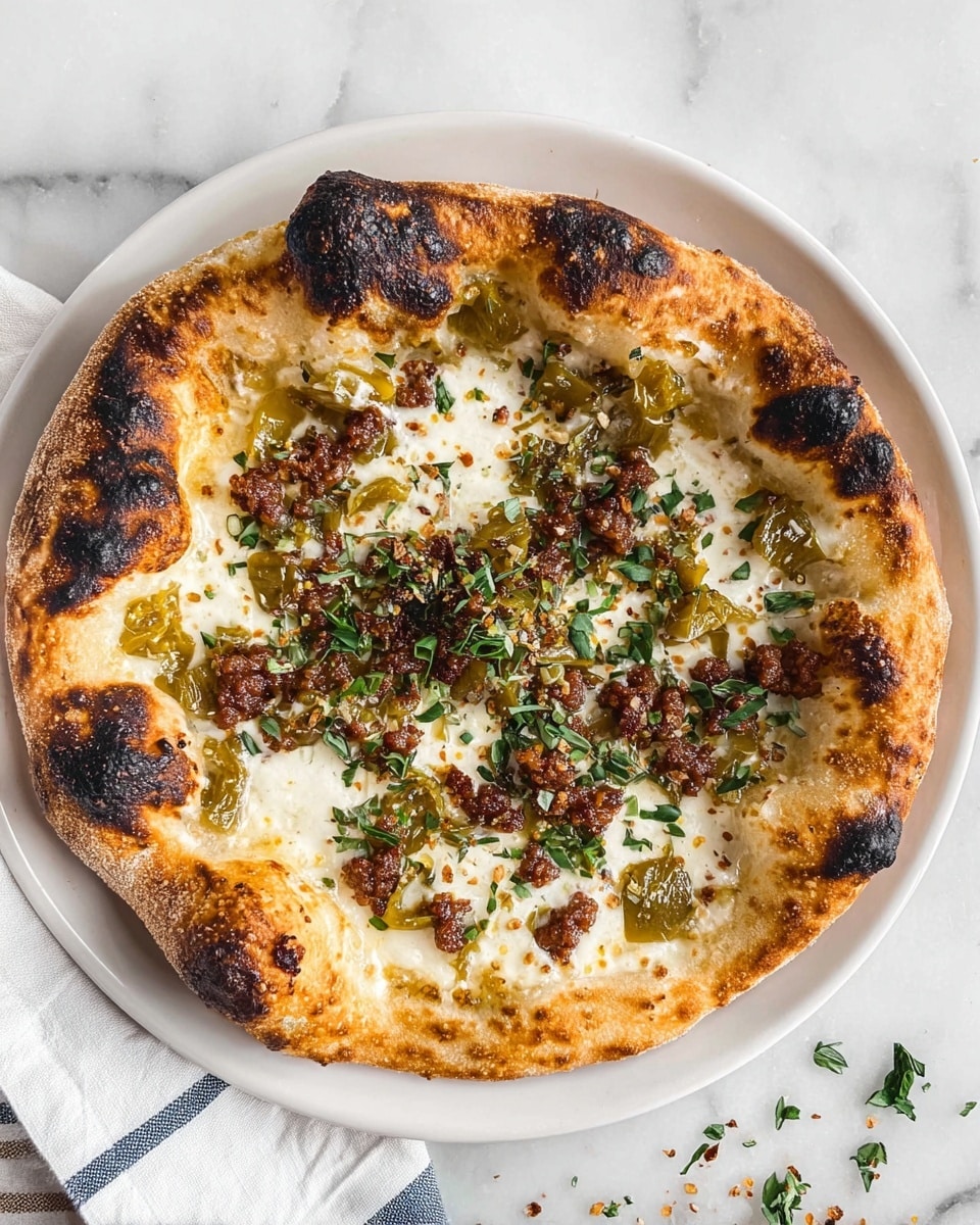 A small pizza with a thick, golden-brown crust that has several dark charred spots, giving it a rustic look. The pizza has melted white cheese spread across the base, with scattered cooked green peppers and small bits of browned sausage. Fresh green herbs are sprinkled on top, adding a touch of color. The pizza sits on a white plate, which is placed on a white marbled surface with a white and blue cloth visible at the side. There are small bits of herbs scattered around the plate. Photo taken with an iphone --ar 4:5 --v 7