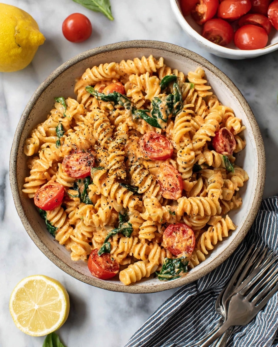 A large bowl filled with creamy rotini pasta coated in a rich orange sauce, mixed with bright red cherry tomato halves and fresh green spinach leaves. The pasta is sprinkled with coarse black pepper for texture. The bowl sits on a white marbled surface, with whole cherry tomatoes scattered nearby, a halved lemon on the left, and a white bowl full of tomatoes behind it. A striped cloth napkin and some silver forks rest to the bottom right. Photo taken with an iphone --ar 4:5 --v 7