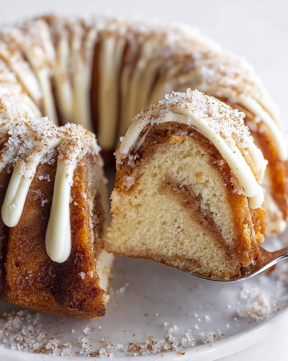 A close-up image of a cinnamon bundt cake slice on a white plate with a white marbled texture around it. The cake has a golden brown outer layer with a light, soft inner layer showing swirled cinnamon throughout. The top of the cake is decorated with thick lines of white cream cheese frosting that create a looped pattern around the bundt ridges. The frosting is sprinkled generously with coarse sugar crystals and cinnamon powder, giving it a sparkling texture. A metal spatula is lifting the slice, highlighting the moist texture of the cake inside. Photo taken with an iphone --ar 4:5 --v 7