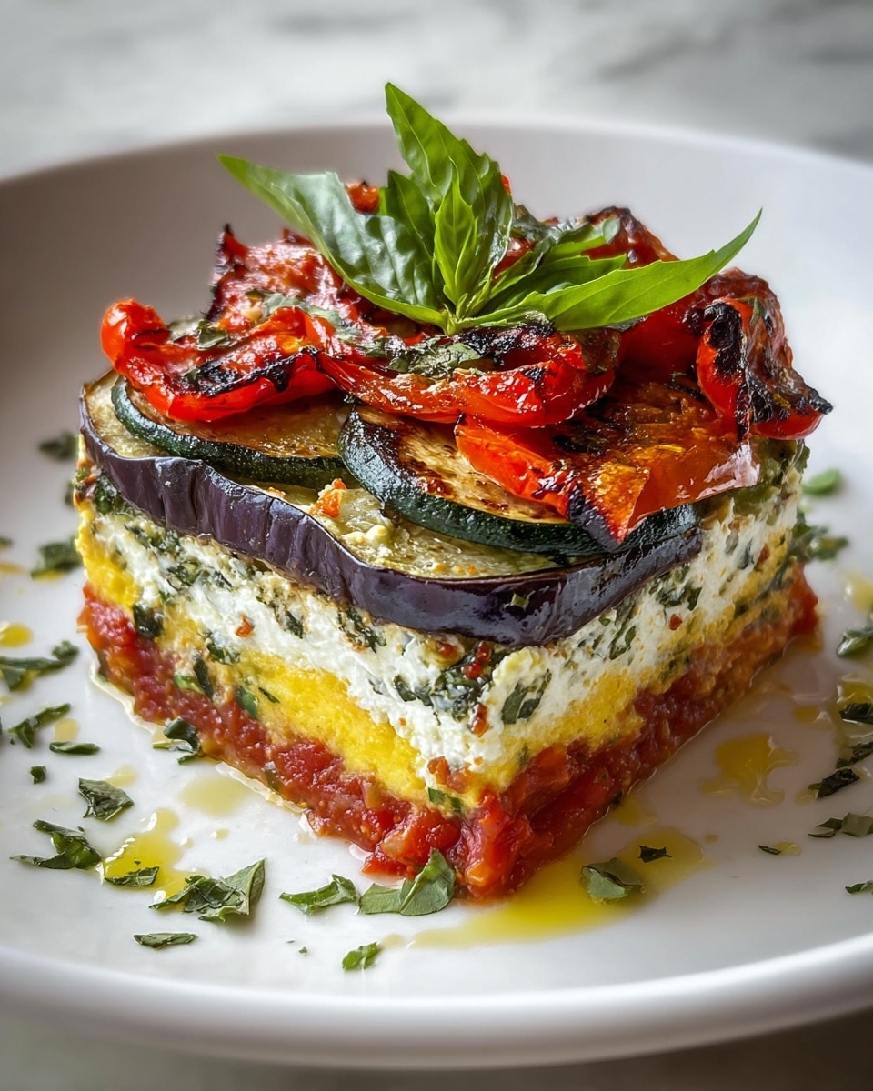 The dish is a layered vegetable stack served on a white plate with a white marbled texture background. The bottom layer is a roasted red tomato base with a slightly oily sheen. Above it sits a thick yellow layer, possibly roasted yellow squash, topped by a creamy white layer with green herbs mixed in, likely ricotta cheese with herbs. Next, there is a dark purple layer of eggplant slices, followed by green zucchini slices. The top layer consists of roasted red bell pepper pieces with a charred texture, garnished with a fresh green basil leaf at the center. Some small chopped herbs and a few drops of olive oil are scattered around the plate. photo taken with an iphone --ar 4:5 --v 7