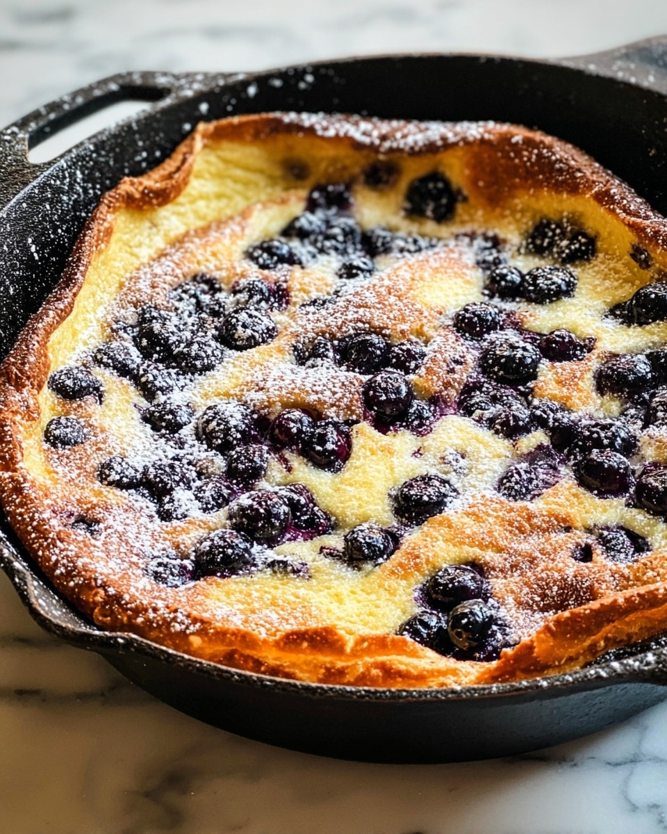 A golden-brown pancake with a puffy, uneven surface fills a round black cast iron pan, dotted with dark purple blueberries spread throughout. The pancake edges are slightly crispy and curled up, showing a darker brown color, while the inside is soft with a light yellow color. Some areas are dusted with powdered sugar, creating a white contrast on top of the pancake and berries. The pan sits on a white marbled surface, enhancing the rich, warm colors of the dish. photo taken with an iphone --ar 4:5 --v 7