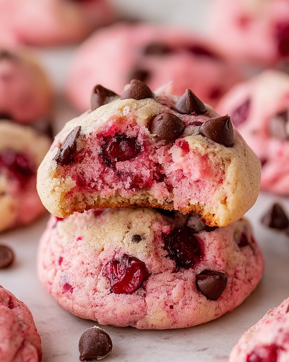 The image shows a close-up of two pink cookies stacked on top of each other, with the top cookie having a bite taken out of it, revealing a soft and crumbly texture inside. The cookies have a light golden-brown base layer and a thick top layer of pink dough embedded with shiny red cherry pieces and dark brown chocolate chips scattered on the surface. More similar cookies are blurred in the background on a white marbled texture, creating a cozy and sweet atmosphere. photo taken with an iphone --ar 4:5 --v 7