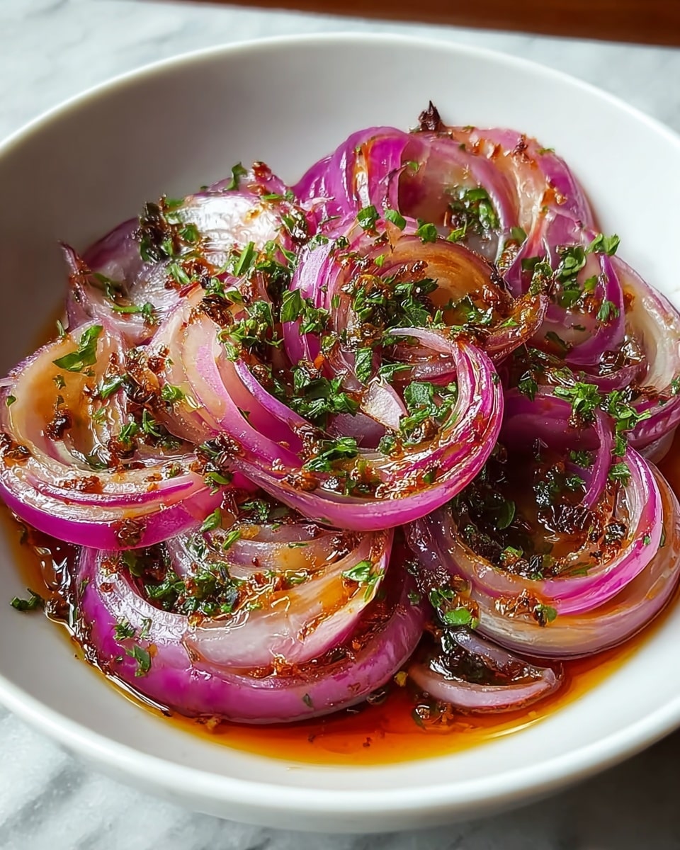The dish shows a white bowl filled with roughly six layers of sliced cooked red onions that glisten with a shiny, oily texture. The onion layers have a mix of deep pink and translucent light yellow colors. The onions are garnished with finely chopped green herbs scattered evenly on top. A thin layer of reddish-brown seasoned oil pools at the bottom of the bowl. The onions look soft and tender with some charred bits adding darker brown accents. The bowl sits on a white marbled surface. photo taken with an iphone --ar 4:5 --v 7