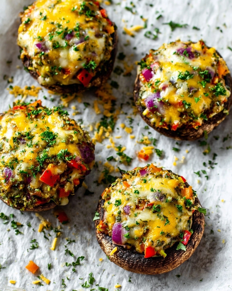 Four stuffed mushrooms are placed on a white marbled tray with a light sheet underneath. Each mushroom has a three-layer filling: the bottom layer shows dark brown mushroom caps, topped with a colorful mixture of finely chopped red onion, red bell pepper, green herbs, and shredded cheese. The top layer is melted yellow and white cheese sprinkled with fresh green chopped parsley. Small bits of cheese and herbs are scattered around the mushrooms on the tray. The overall look is vibrant with earthy tones and fresh green accents. Photo taken with an iphone --ar 4:5 --v 7