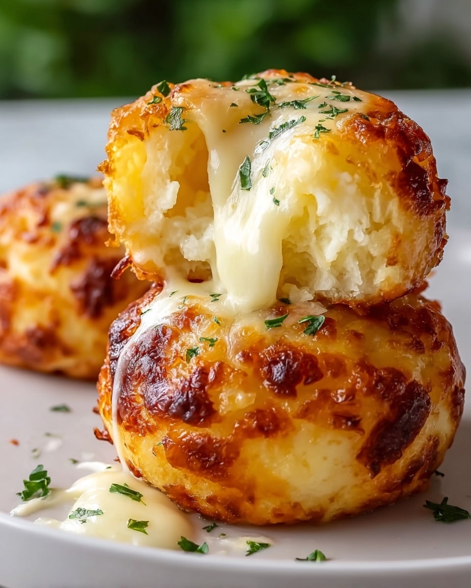 The image shows a close-up of several golden brown cheese muffins in a dark muffin pan, placed on a wooden surface with a white marbled texture underneath. Each muffin has a crispy, slightly browned top layer with small bubbles and is garnished with fresh green chopped herbs. One muffin is being lifted out with a metal spatula, revealing its soft, moist, and fluffy inside with a light yellow color and airy texture. The background includes a white cloth with scattered green herbs. Photo taken with an iphone --ar 4:5 --v 7