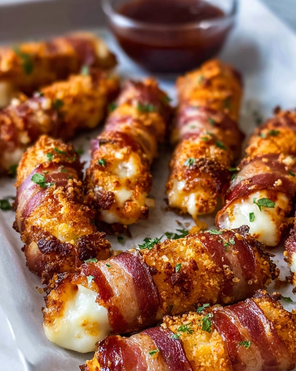 The image shows several crispy bacon-wrapped cheese sticks arranged in two rows on a white marbled tray lined with parchment paper. Each stick has a golden-brown crunchy coating with melted creamy white cheese visible slightly oozing out from both ends. The bacon is well-cooked and browned, spiraled around the cheese sticks, with small bits of green herbs sprinkled on top for color and garnish. In the background, a small glass container filled with a dark red dipping sauce is slightly out of focus. The lighting emphasizes the crunchy texture and rich colors of the bacon and cheese. Photo taken with an iphone --ar 4:5 --v 7