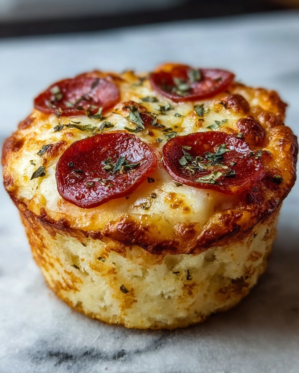 A thick, round pepperoni pizza muffin sits on a white marbled surface, showing a golden brown top with slightly crispy edges. The top layer has melted, bubbly cheese with five slices of dark red pepperoni evenly placed, all sprinkled with small pieces of green herbs. Below the crispy top, the body of the muffin is a light golden color with a soft, slightly uneven texture. The sides are thick and fluffy, signaling a dense pizza bread base beneath the cheesy layer. Photo taken with an iphone --ar 4:5 --v 7