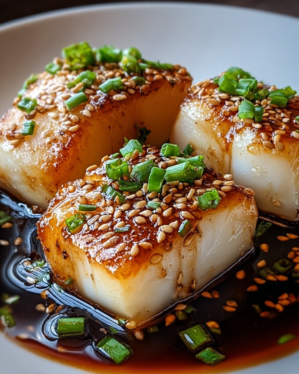Three shiny pieces of cooked white fish with a golden-brown glazed surface sit close together on a white plate, each piece topped with small toasted sesame seeds and finely chopped green onions. The fish is placed in a pool of dark sauce that adds a rich contrast, with scattered green onion bits on the sauce around the fish. The texture of the fish looks soft and moist with a slight caramelized shine on top, and the sesame seeds add a rough speckled detail. The background is a white marbled texture. photo taken with an iphone --ar 4:5 --v 7