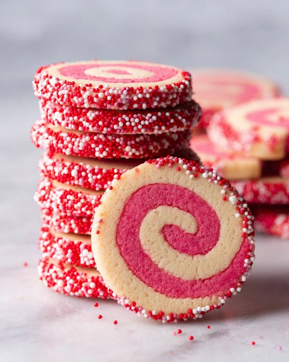 A stack of spiral swirl cookies is placed on a white marbled texture surface. Each cookie has two layers with a pink swirl inside a cream-colored base. The edges of the cookies are coated with small round sprinkles in shades of pink, red, and white, creating a textured border. The stack leans slightly to one side, showing the even layering and sprinkle detail on the sides. One cookie is positioned standing upright in front of the stack, clearly displaying its spiral design. Photo taken with an iphone --ar 4:5 --v 7
