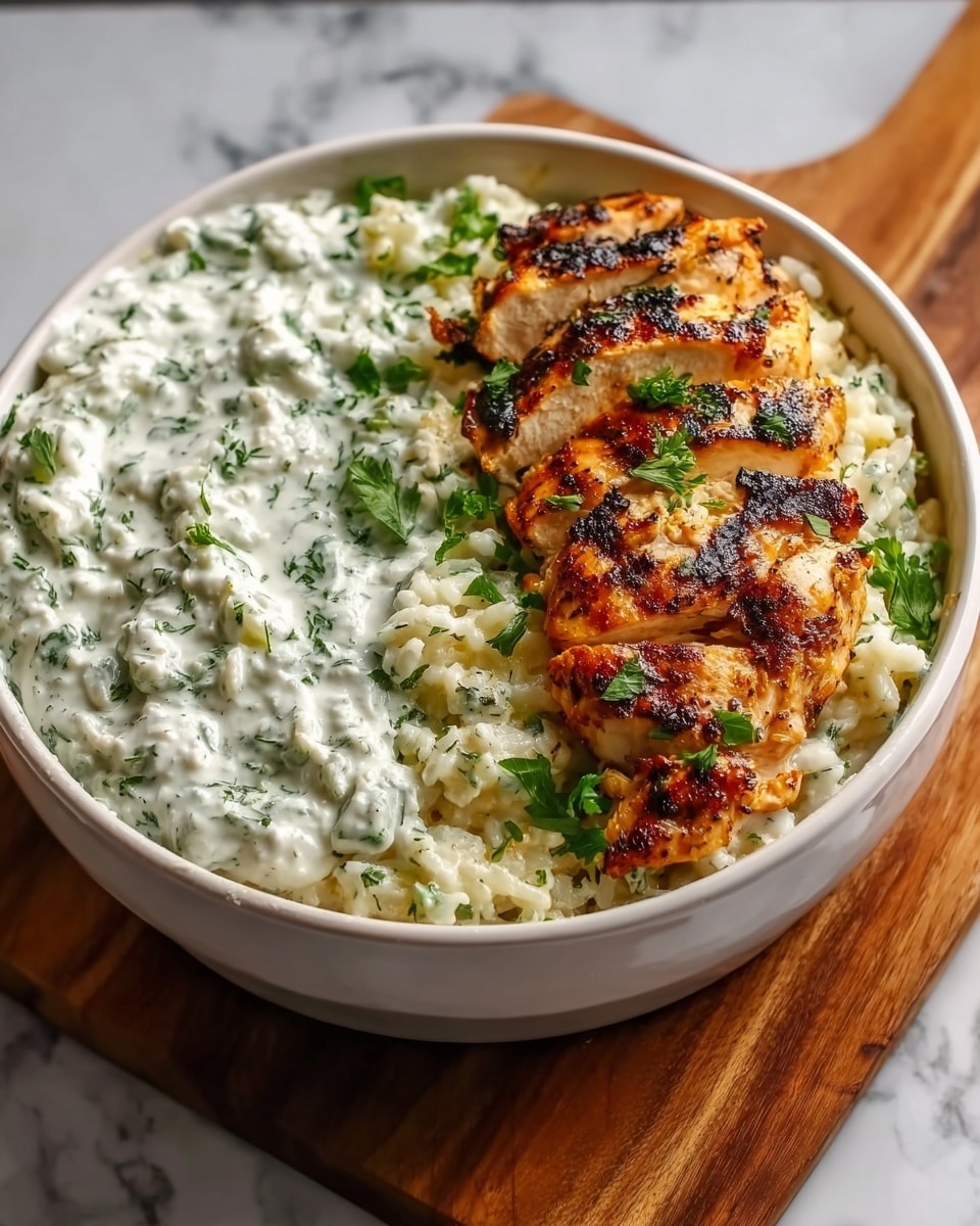 A white round deep dish filled with several thick, golden-brown grilled chicken pieces arranged on top, each piece showing grill marks and a slightly charred texture. Below and around the chicken is a creamy white layer mixed with chopped green herbs, likely a sauce or dressing, and beneath that is a soft, baked layer of light yellow rice or grain. The dish is garnished with scattered fresh green herbs, adding a fresh touch. It is set on a wooden board with some blurred green leaves and a lemon wedge in the background over a white marbled surface. photo taken with an iphone --ar 4:5 --v 7