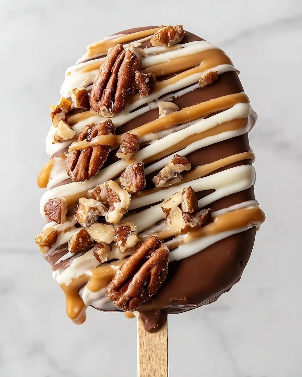 A chocolate-covered round ice cream bar with a smooth dark brown chocolate base, topped with thick soft swirls of light brown caramel and creamy white drizzle layered diagonally across the top. Scattered generously on top are large and small pieces of pecans, adding a crunchy texture with their rich brown color and natural ridges. The ice cream bar is held by a wooden stick, and the background is a white marbled texture. Some caramel drips slightly from the edges, enhancing its rich, indulgent look. photo taken with an iphone --ar 4:5 --v 7