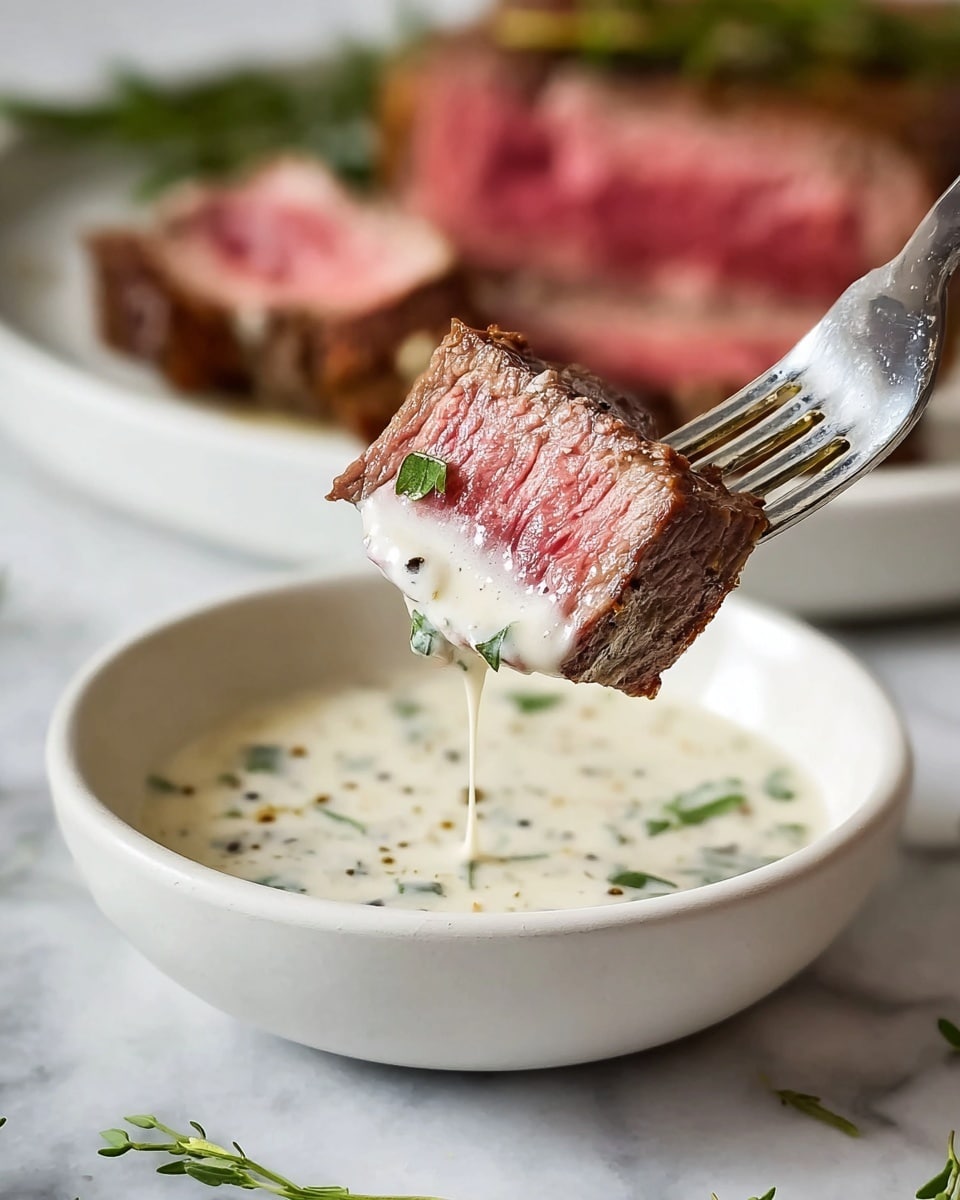 A small piece of medium rare steak is on a silver fork, showing a pink center with a browned outer edge, and is dipped halfway into a creamy white sauce with green herb bits and black pepper specks dripping back into a round white bowl. Behind, a larger cut of steak with the same pink and brown colors rests on a white plate on a white marbled surface, with some green herbs lightly out of focus around the bowl. photo taken with an iphone --ar 4:5 --v 7