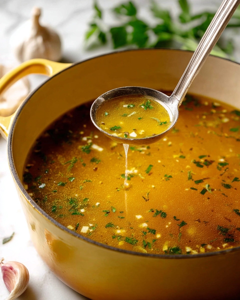 A yellow enamel pot filled with bright golden broth speckled with small bits of green herbs and tiny white pieces, with a shiny metal ladle lifting some of the clear soup. The pot sits on a white marbled surface, with blurred garlic and green leaves in the background. Tiny droplets of broth drip from the ladle, highlighting the liquid’s rich texture. photo taken with an iphone --ar 4:5 --v 7