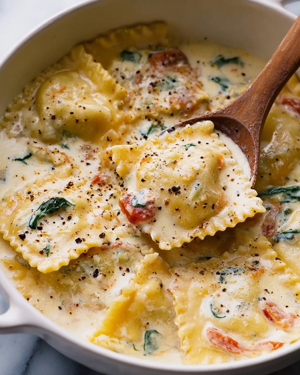 A close-up view of ravioli in a creamy white sauce with a smooth texture. The ravioli pieces are light yellow with wavy edges and are partly covered by the sauce. There are small bits of green spinach scattered softly throughout the sauce and occasional small red tomato pieces adding subtle color contrast. On top, there is a sprinkling of black pepper giving a speckled texture. A wooden spoon is partially dipped into the dish, lifting some ravioli. The whole dish is inside a white bowl placed on a white marbled surface. Photo taken with an iphone --ar 4:5 --v 7