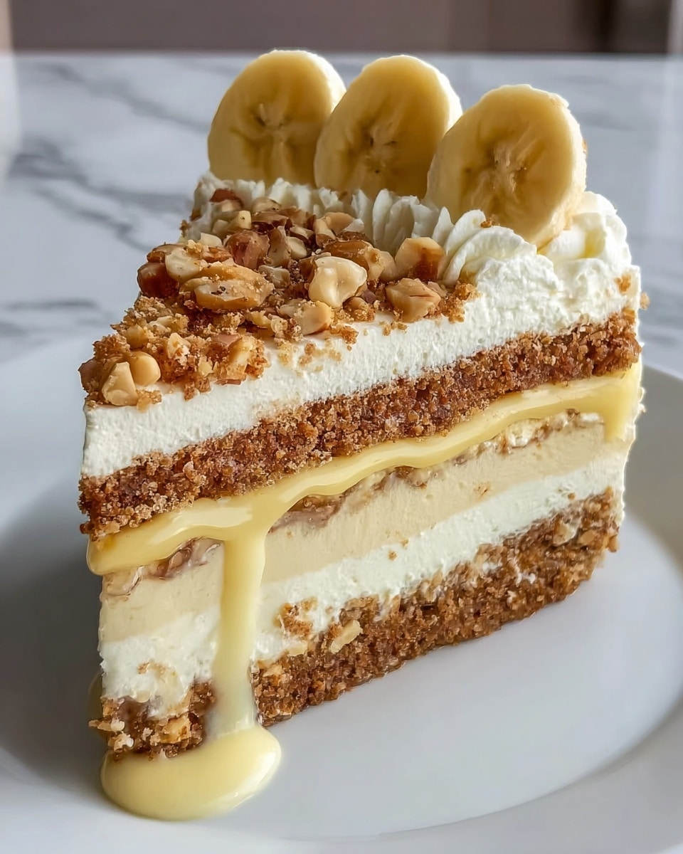 A slice of creamy layered cake is shown on a white plate with a white marbled background. The bottom layer is a crumbly brown crust, followed by a thick white whipped cream layer. Above that is a thin crust layer with a smooth yellow custard cream dripping slightly on the side. Next is another layer of crumbly brown topping mixed with some nuts. The topmost layer is white whipped cream with a few more pieces of crumbly topping and nuts sprinkled on it, finished with five fresh banana slices standing upright across the top. Photo taken with an iphone --ar 4:5 --v 7