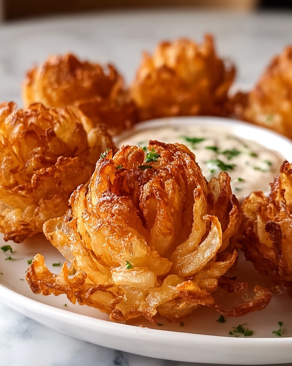 The image shows a white plate filled with golden-brown crispy blooming onions, each made of multiple fried onion petal layers that fan out like a flower, showing light, crispy edges and a tender inside. The onions have a rich golden color with darker crisp tips and are spaced close together on the plate. There is a small amount of creamy white sauce with green herbs beside the front onion, resting on the same white plate. The background is softly blurred with a white marbled texture surface under the plate. photo taken with an iphone --ar 4:5 --v 7