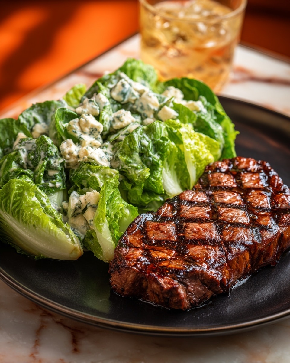 The image shows a close-up of a meal on a white plate with a juicy grilled steak on the right side, its top layer marked with dark grill lines and a glossy, slightly charred texture. On the left side, there is a fresh green lettuce salad, topped with chunky pieces of blue cheese and drizzled with creamy, speckled dressing that flows over the greens. The plate sits on a white marbled surface, with warm, golden blurry lights in the background and a tall glass of beer on the right, catching the light with a soft shimmer. The overall look is warm, savory, and fresh, photo taken with an iphone --ar 4:5 --v 7