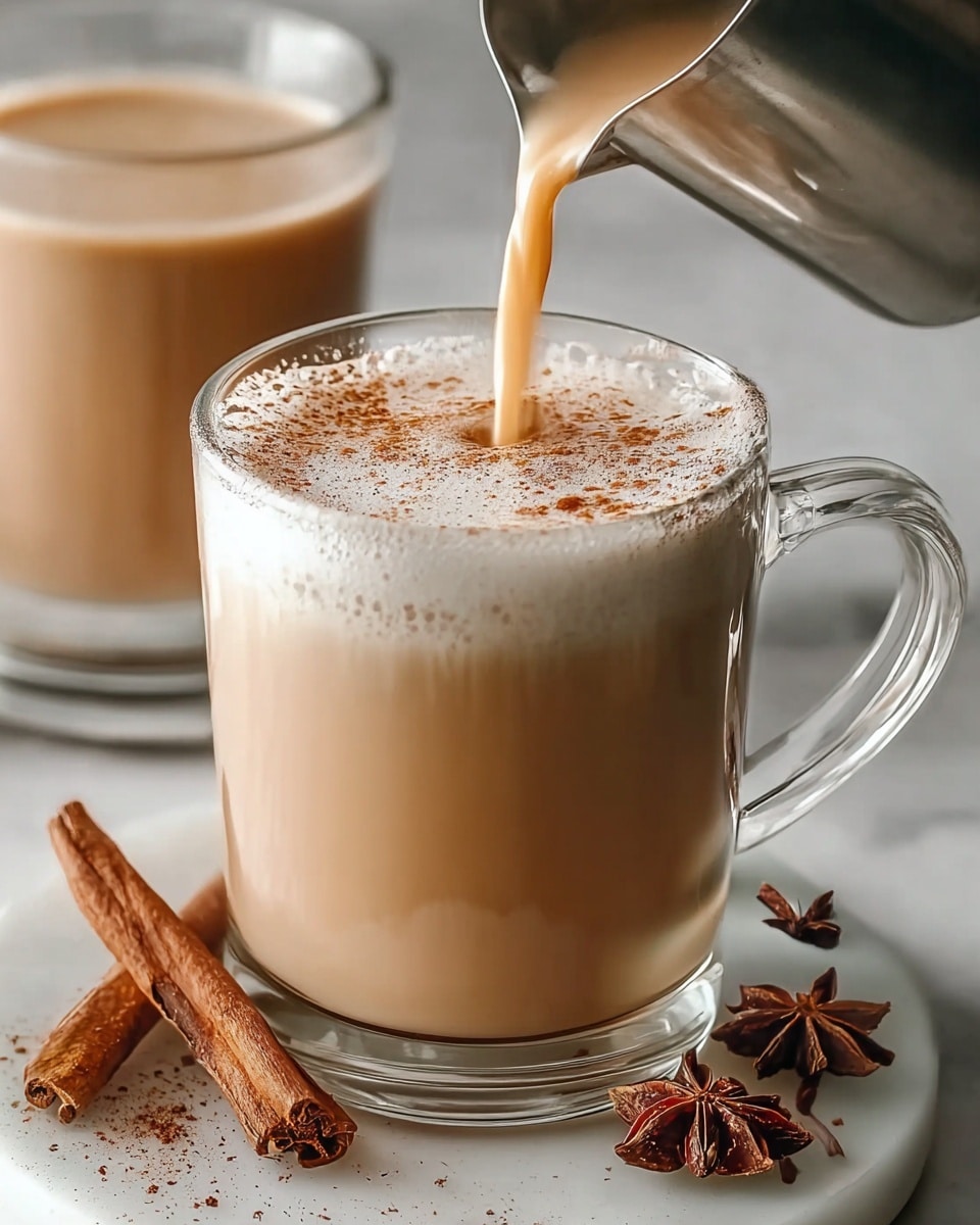 A clear glass mug filled with a light brown creamy chai tea shows three visible layers: a thin layer of cinnamon powder sprinkled on top, a frothy white cream layer just below it, and a smooth, milky brown chai filling the rest of the mug. In the upper right corner, a small metal pitcher pours more frothy cream into the mug. The mug sits on a white marbled surface sprinkled with ground spices, with two cinnamon sticks placed horizontally near its base and a star anise and clove nearby. In the blurred background, another similar glass mug is partially visible. Photo taken with an iphone --ar 4:5 --v 7