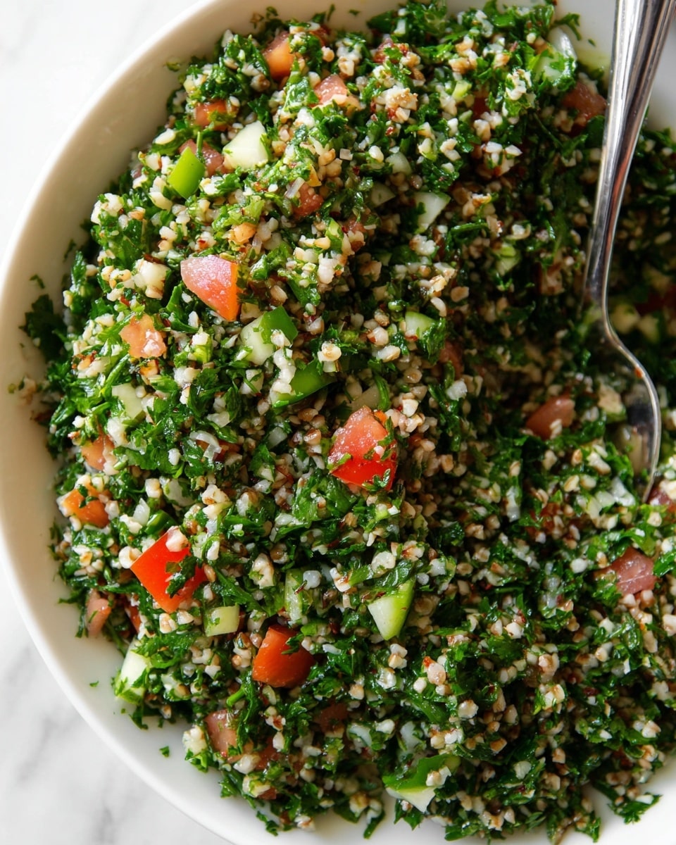 A close-up of a bowl filled with tabbouleh salad showing three main layers of ingredients mixed together: small chopped green parsley leaves and herbs forming the bulk, scattered with small tender bulgur wheat grains that are light brown, and diced bright red tomato pieces along with thin slices of green scallion. The texture looks fresh and slightly wet, with a small silver spoon visible in the salad. The bowl is white and the background is a white marbled texture. photo taken with an iphone --ar 4:5 --v 7