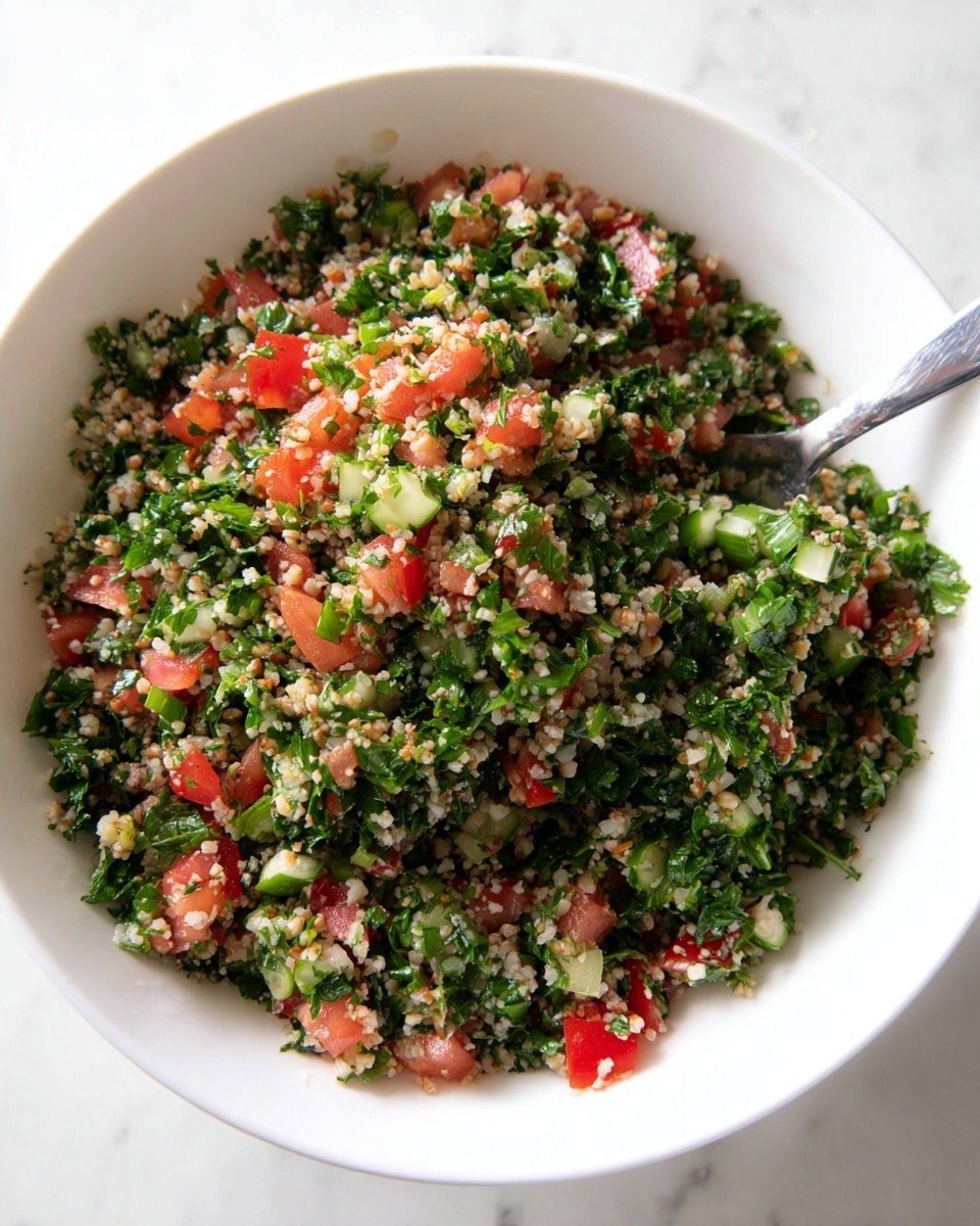 The image shows a white bowl filled with a mixed salad of finely chopped fresh green herbs, bright red diced tomatoes, and small, light brown grains, likely bulgur. The grains have a slightly rough texture and are scattered evenly throughout the bowl. The tomatoes are cut into small cubes that add vibrant color, while the green herbs and chopped spring onions add freshness and different shades of green, some leafy and some finely chopped. A metal spoon is partially visible, resting on the edge of the bowl and slightly immersed in the salad. The bowl itself sits on a white marbled surface. photo taken with an iphone --ar 4:5 --v 7