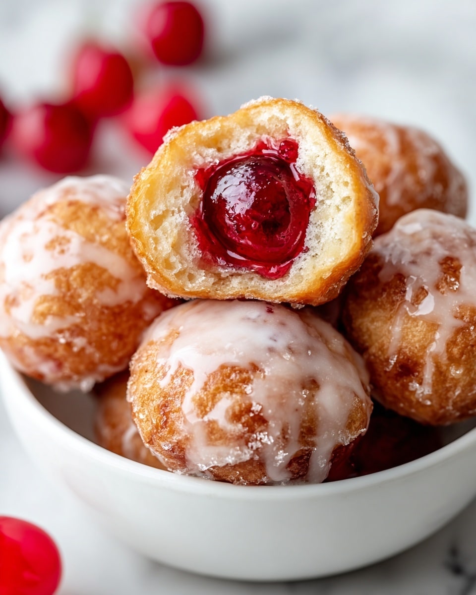The image shows three small pastries with a golden brown, flaky crust that is shiny and glazed. Each pastry is round and open at the front, revealing a glossy, bright red cherry filling inside. The texture of the crust looks crispy and slightly cracked, while the cherry filling appears juicy and thick. The pastries are stacked on a white plate with a few crumbs around them, and the background features blurry red cherries, all set on a white marbled surface. photo taken with an iphone --ar 4:5 --v 7