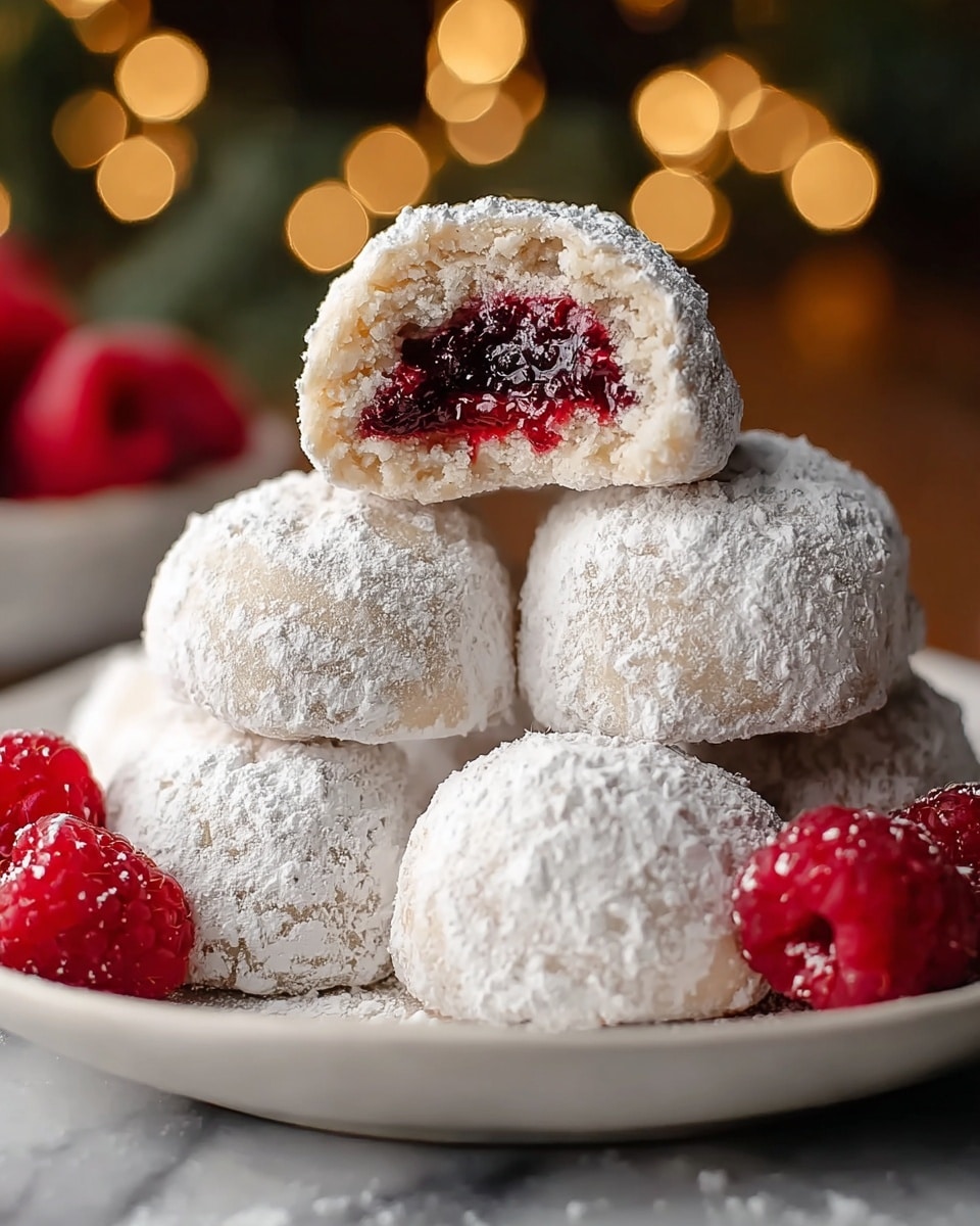 The image shows three round snowball cookies covered in white powdered sugar on a white plate with raspberry fruits scattered around. The top cookie is cut in half, revealing a light beige dough outer layer with a slightly crumbly texture and a red, soft berry filling inside. The powdered sugar is generously dusted, giving the cookies a snowy look. The plate sits on a white marbled surface with soft warm lights blurred in the dark background. photo taken with an iphone --ar 4:5 --v 7
