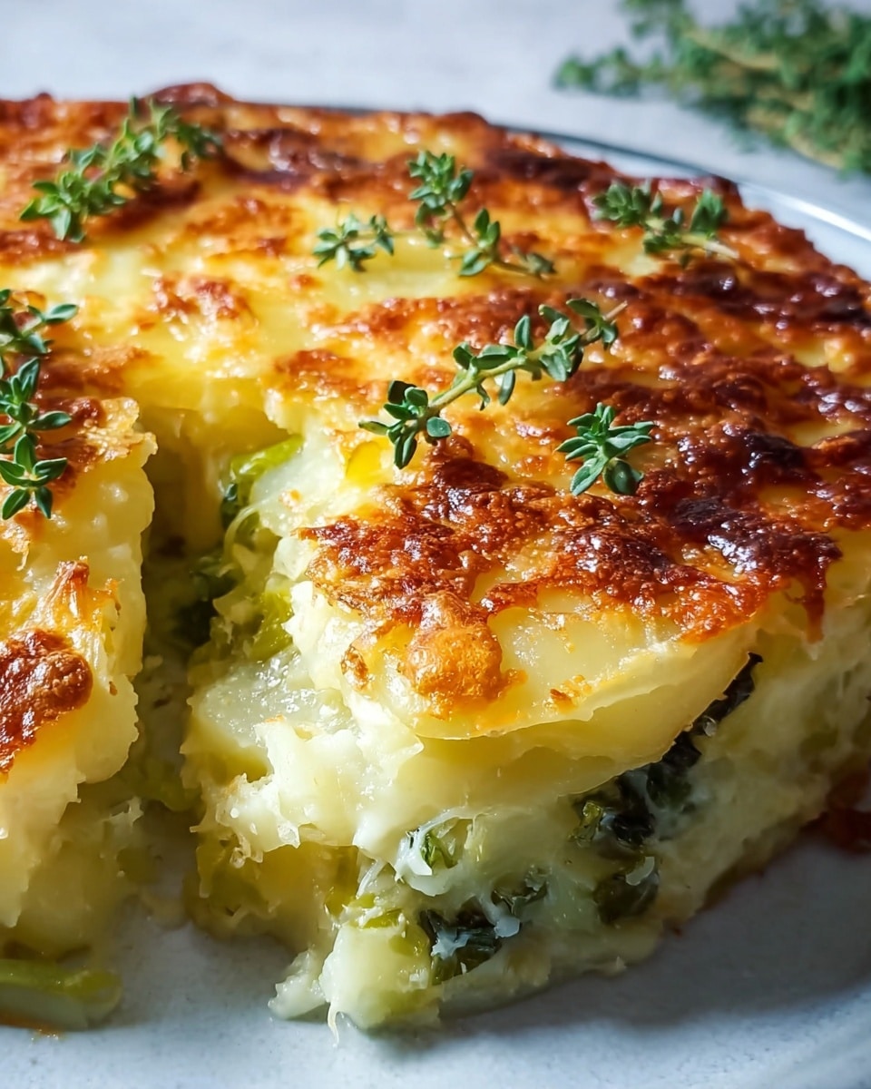 A close-up of a round potato casserole with a golden brown top layer of melted cheese that looks crispy and bubbly, layered over soft, creamy potato slices and green vegetable pieces inside, all topped with small sprigs of fresh green thyme scattered across the surface. A piece is cut out, revealing the moist, tender texture of the cooked potatoes and greens inside. The dish is served on a white plate placed on a white marbled texture. photo taken with an iphone --ar 4:5 --v 7