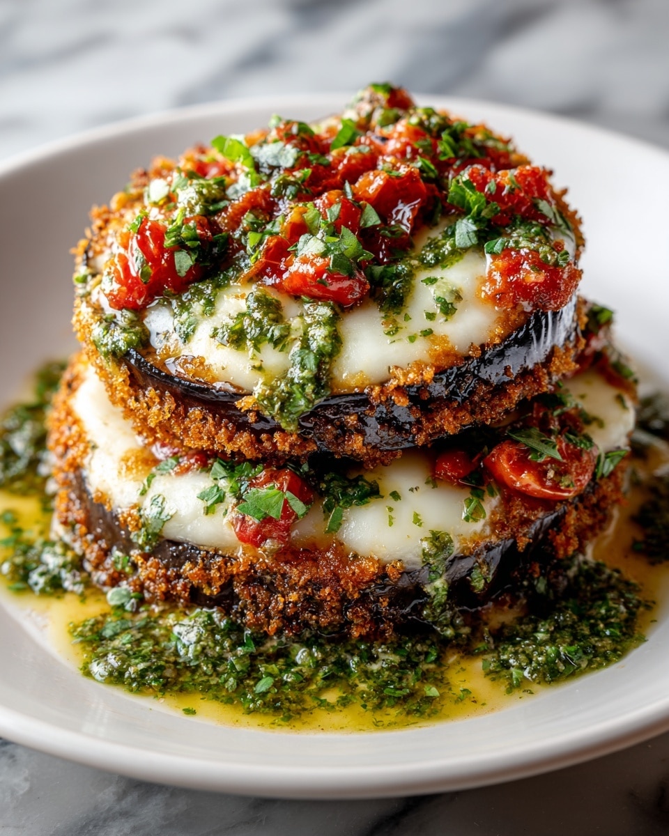 A stack of two thick, round eggplant slices with crispy, golden-brown breaded edges sits in the center of a white plate. Each eggplant slice is topped with melted creamy white cheese, sprinkled with bright green chopped herbs and small, vibrant red diced tomatoes. A green herb sauce with a slightly oily texture is generously drizzled over the stack and pools around the base on the white marbled surface. The herbs and sauce add a fresh, vibrant contrast to the rich, browned edges of the eggplant. photo taken with an iphone --ar 4:5 --v 7